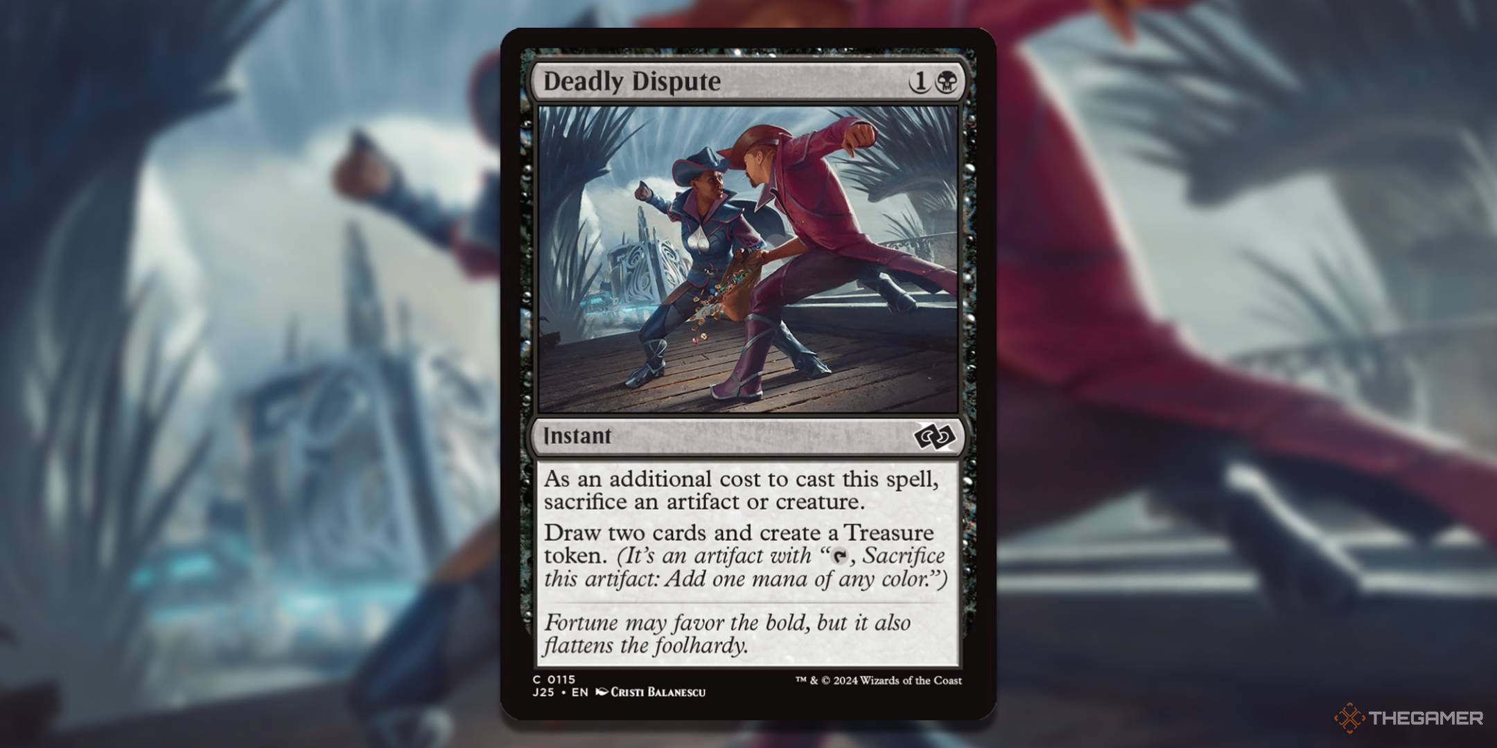 MTG Deadly Dispute card with the art in the background.