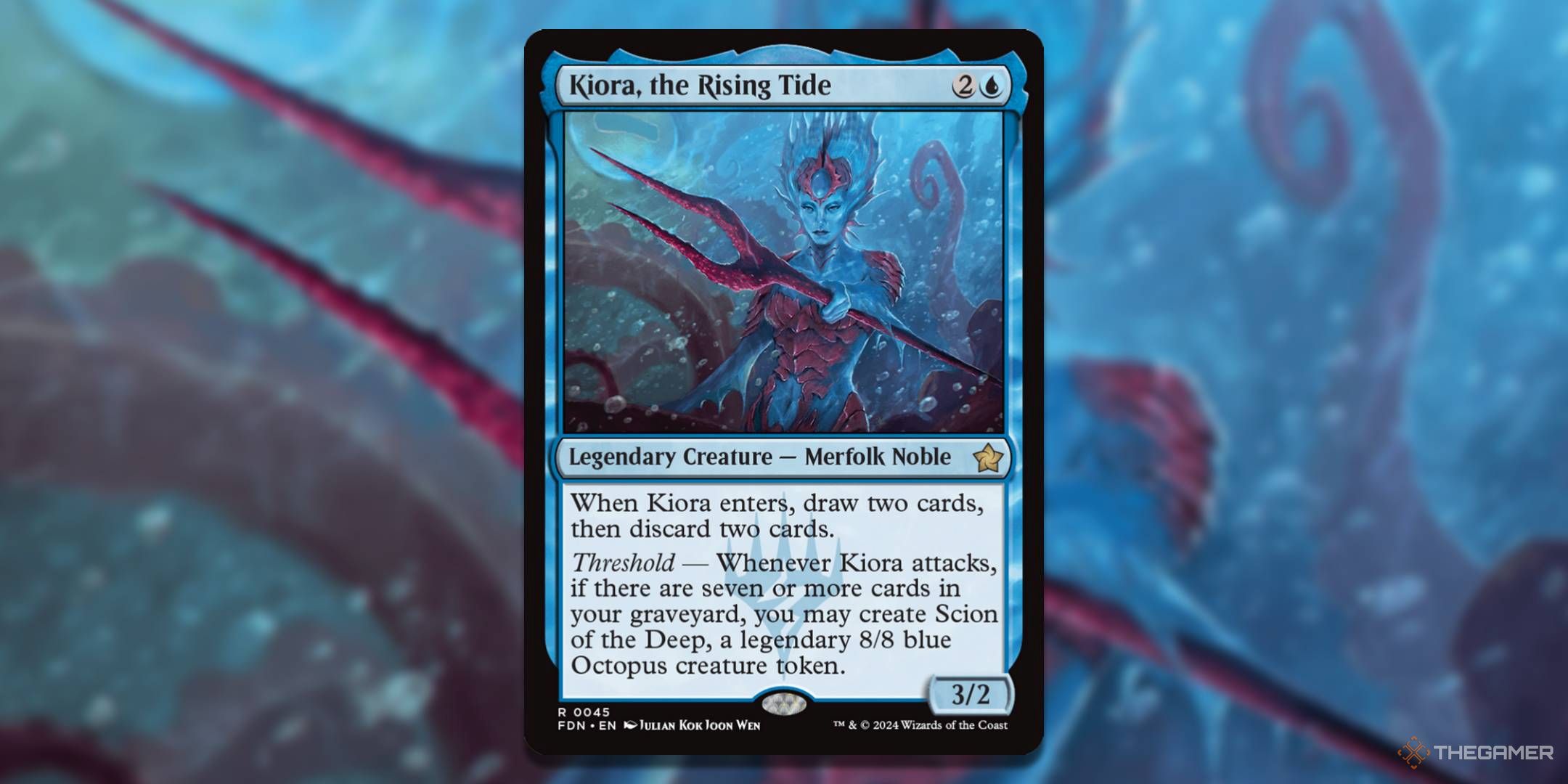 MTG Kiora, the Rising Tide card with the art in the background.