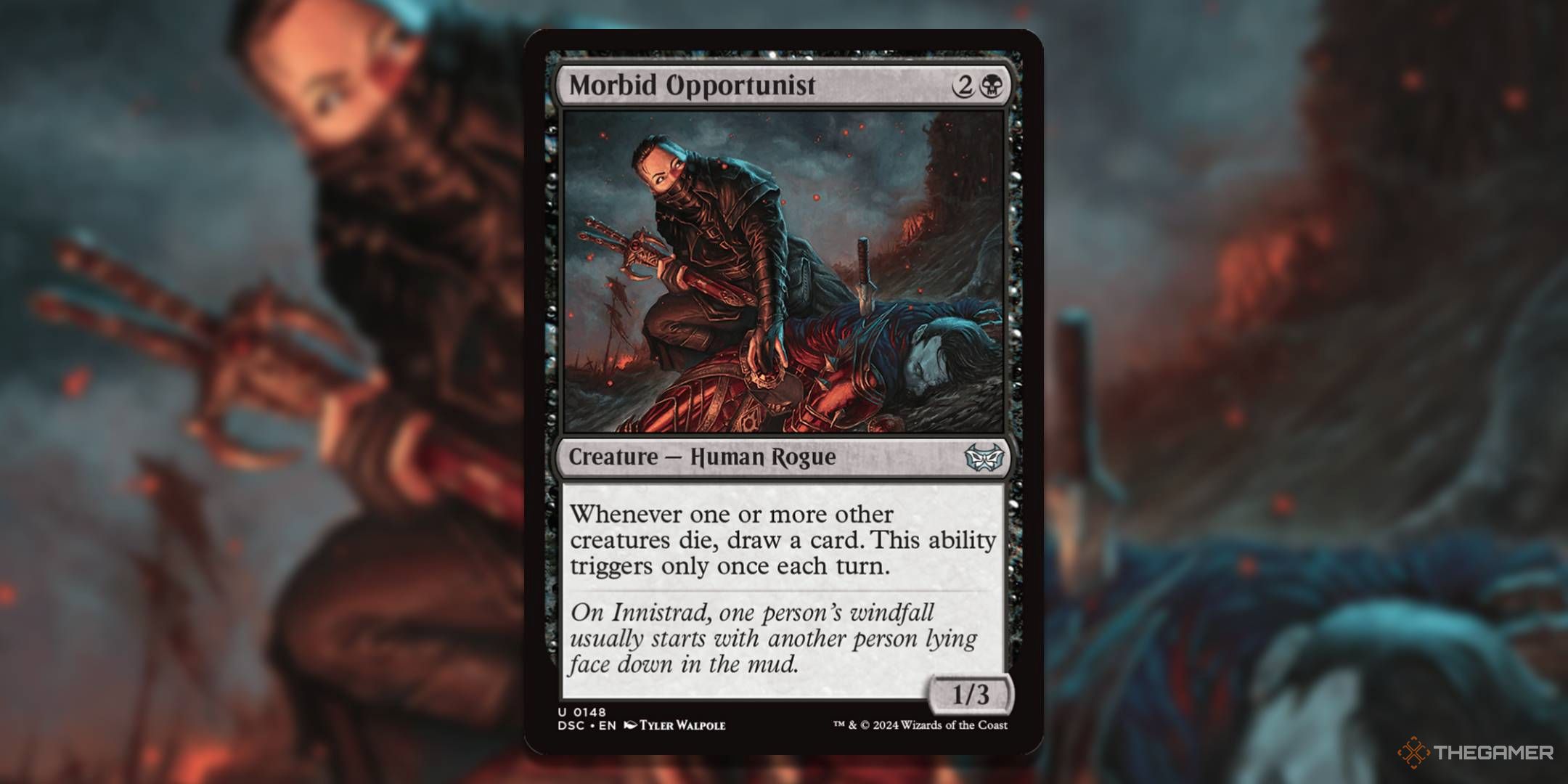 MTG Morbid Opportunist card with the art in the background.