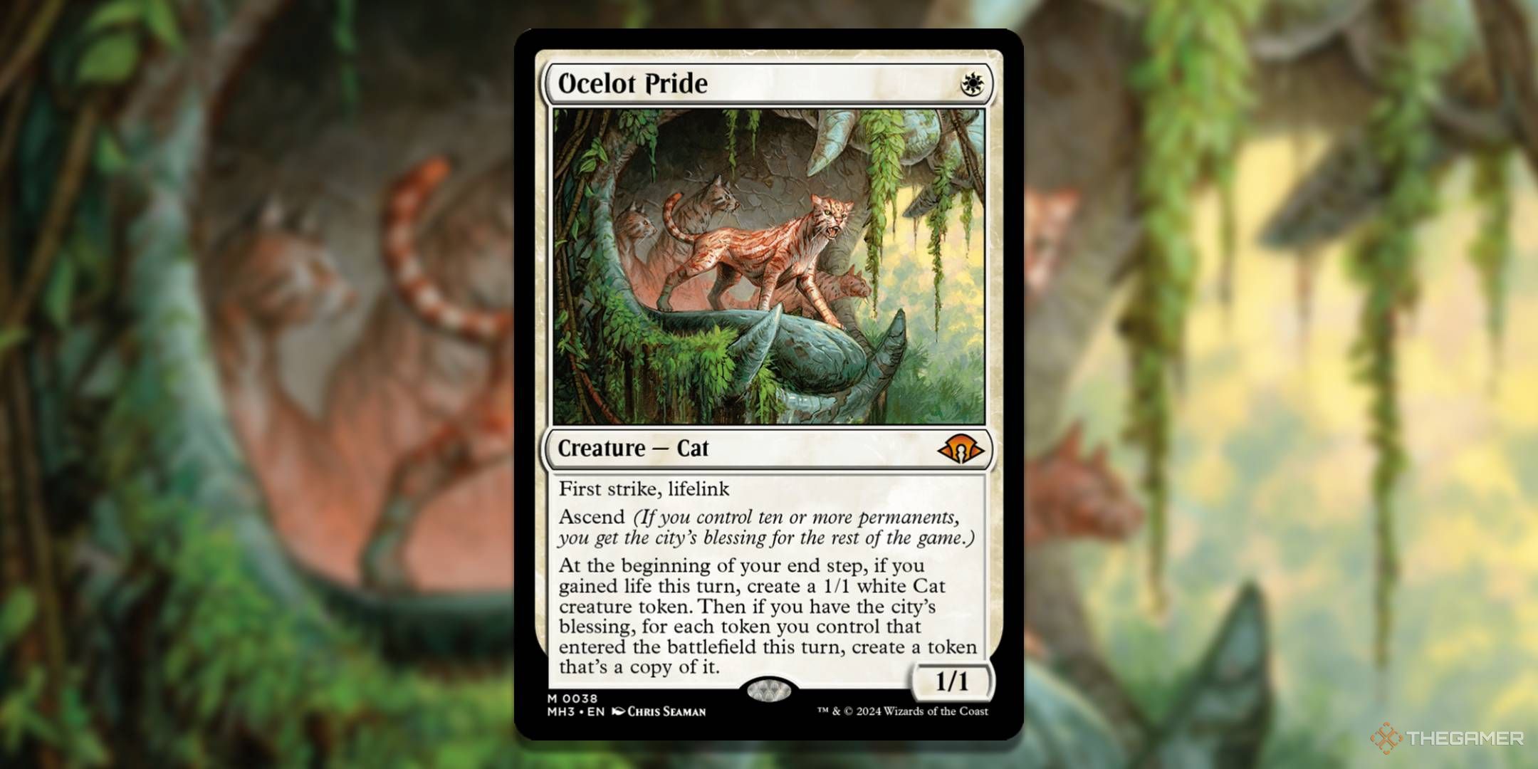 MTG Ocelot Pride card with the art in the background.