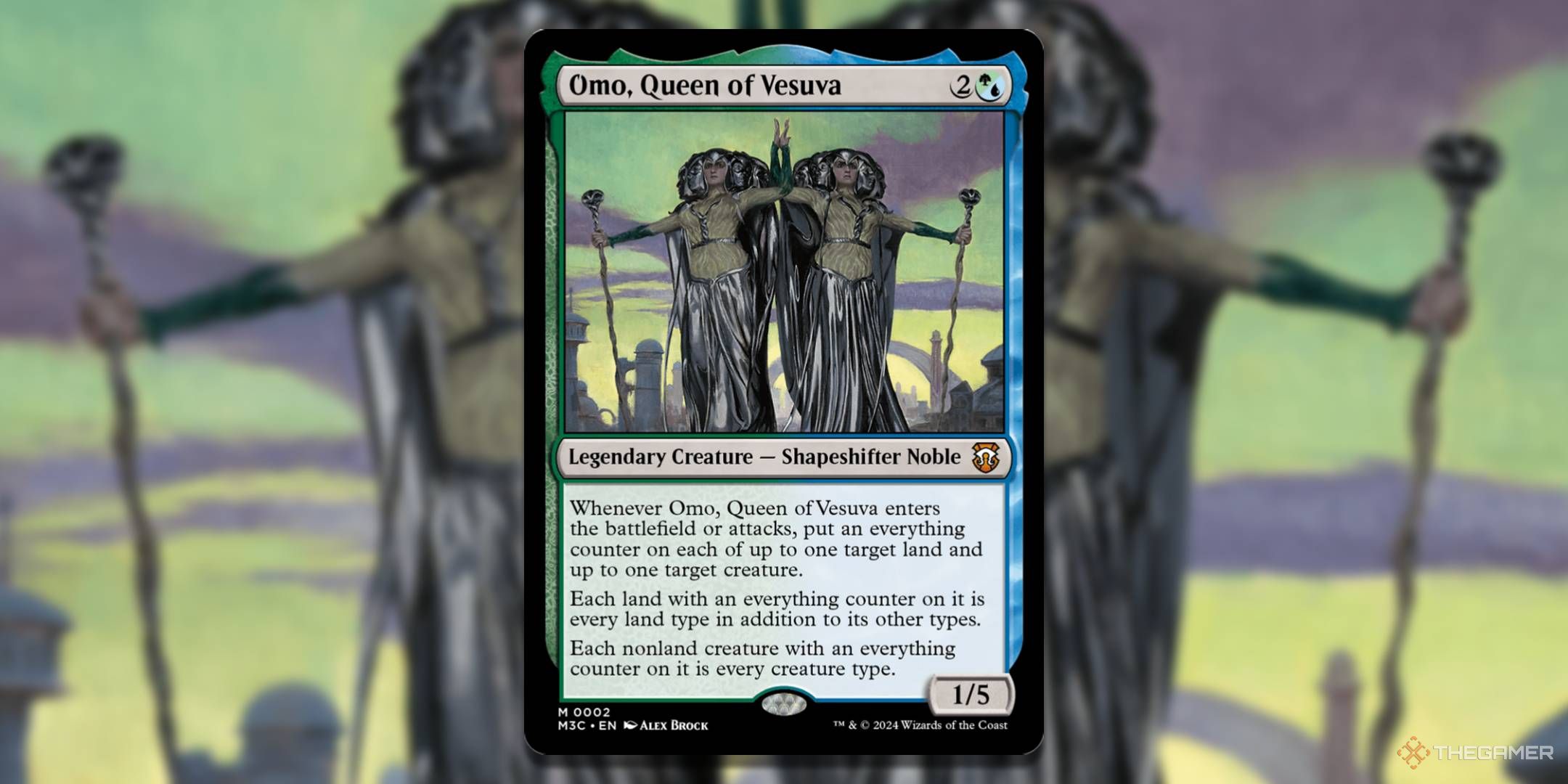 MTG Omo, Queen of Vesuva card with art in the background.