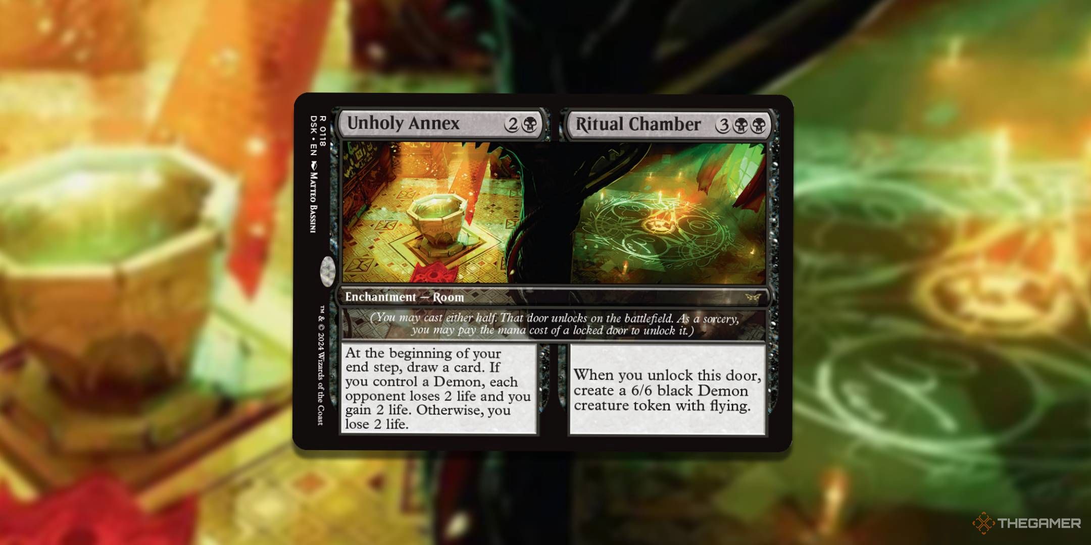 MTG Unholy Annex Ritual Chamber card with the art in the background.