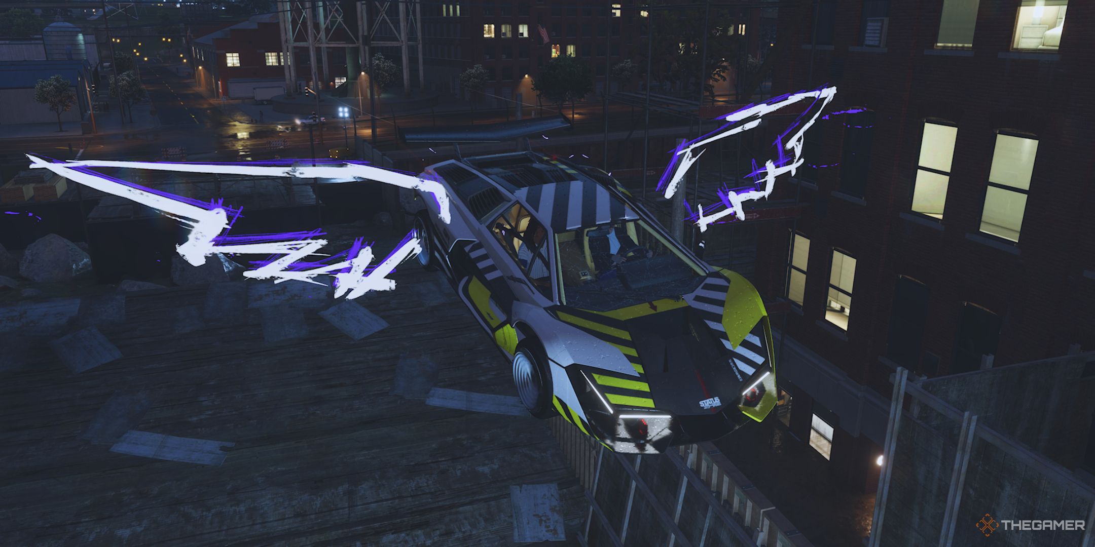 Need for Speed Unbound screenshot of a Lambo flying through the sky with purple wings.