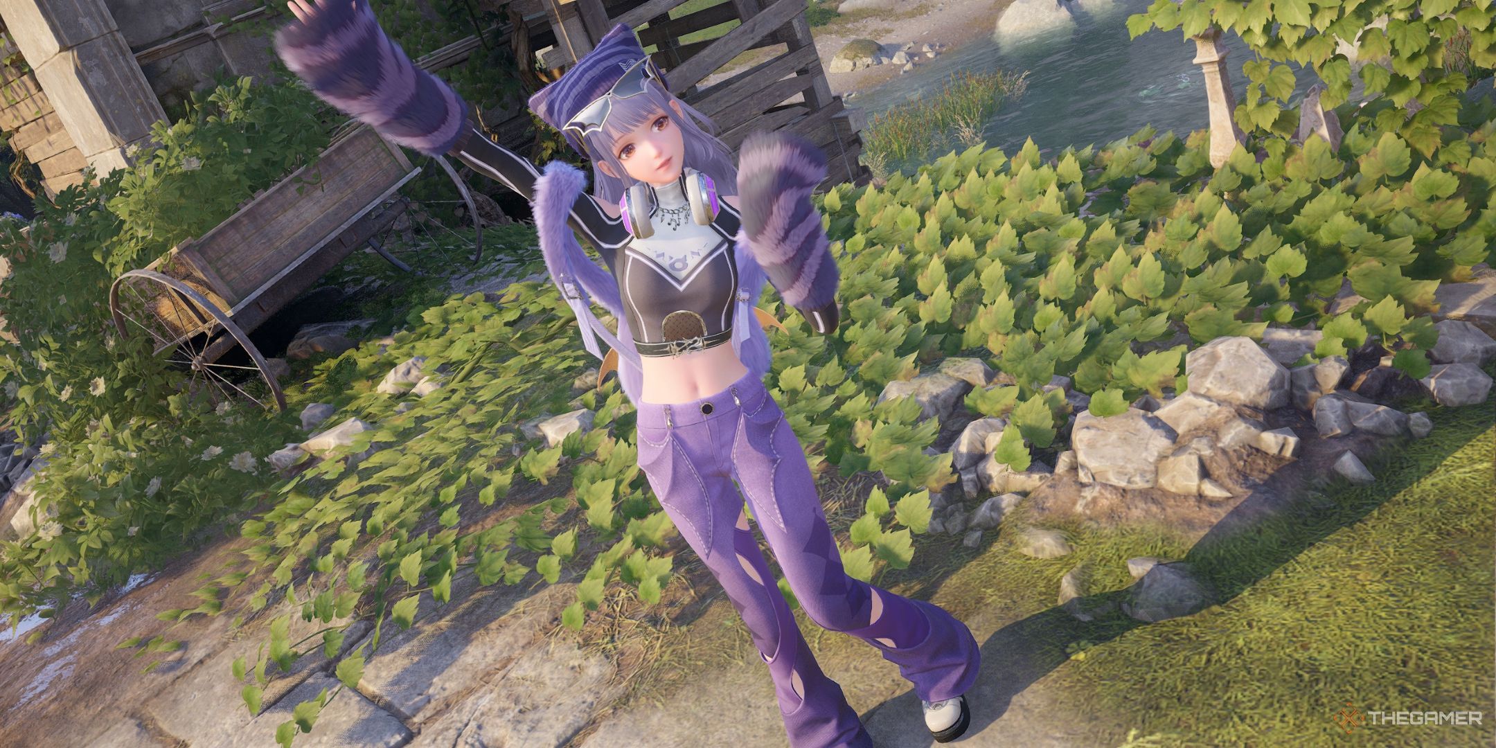 Nikki is wearing the Monster Girl outfit with purple hair in Infinity Nikki.