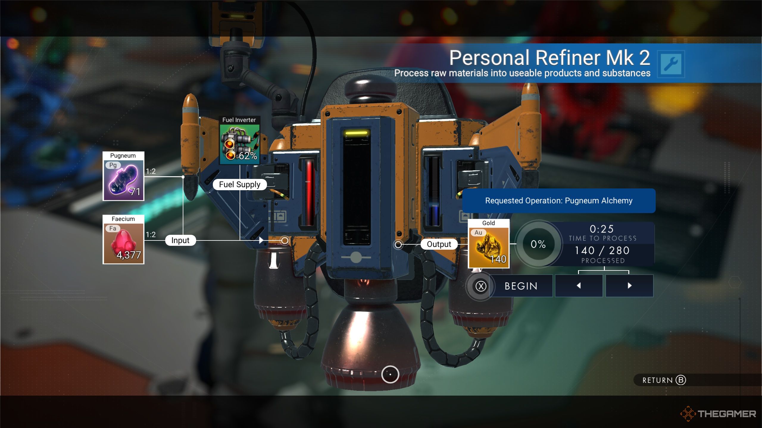 تصویری از طلا در حال تولید از Faecium و Pugneum در No Man's Sky.