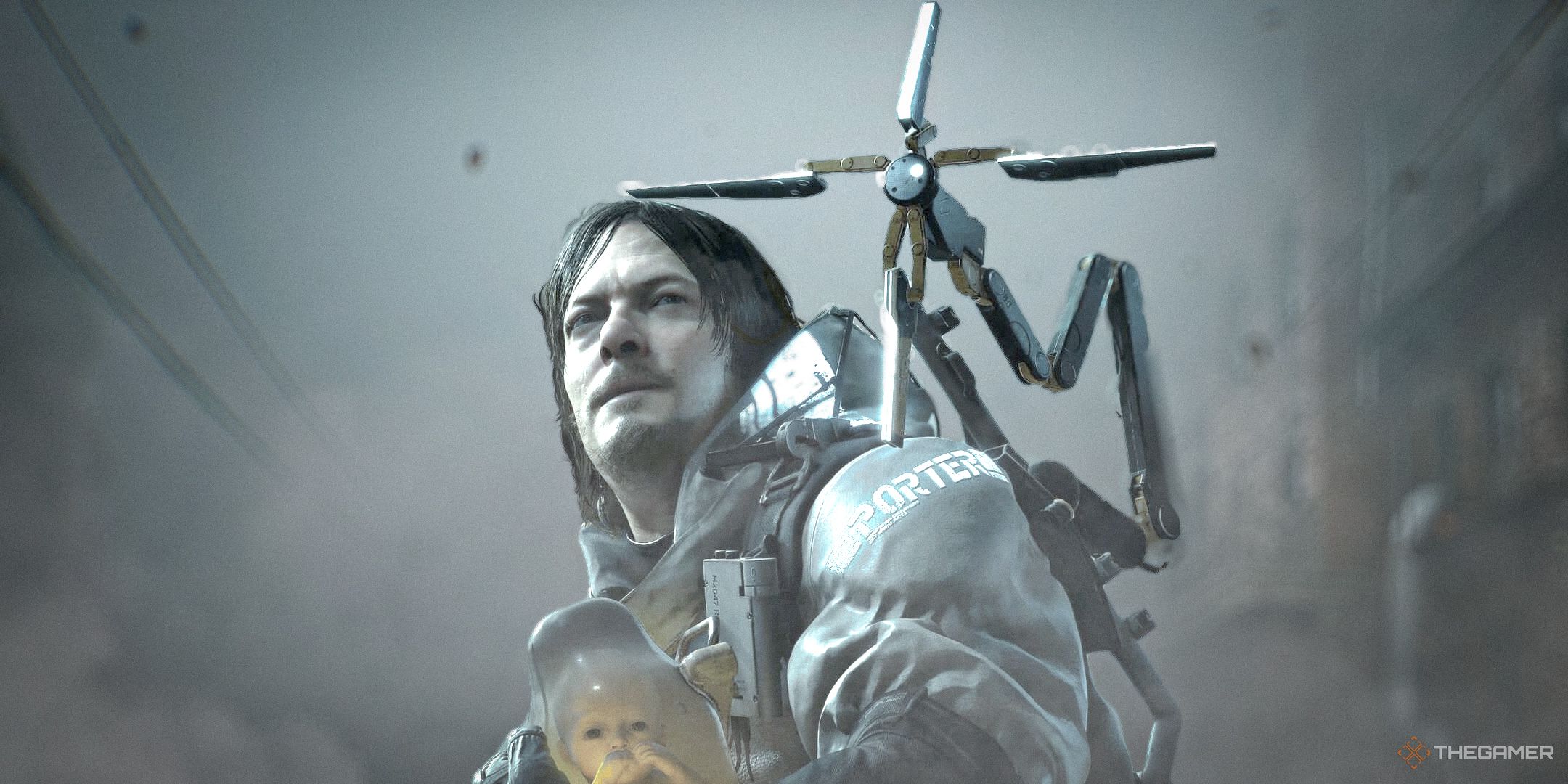 Norman Reedus from Death Stranding holding BB8 in the foggy town of Silent Hill.