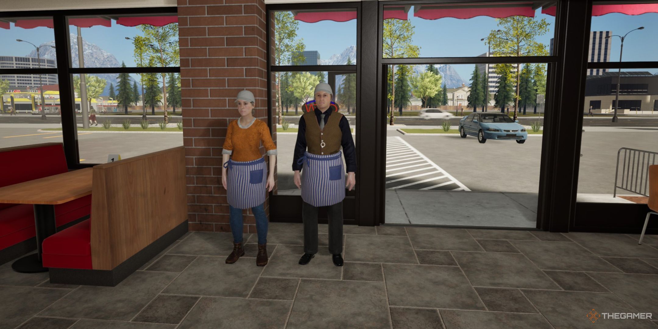 The image shows the server and the busser by the restaurant entrance in Fast Food Simulator.