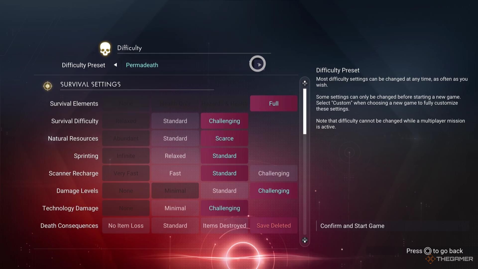 Creating a new save in No Man's Sky, selecting the Permadeath difficulty setting.