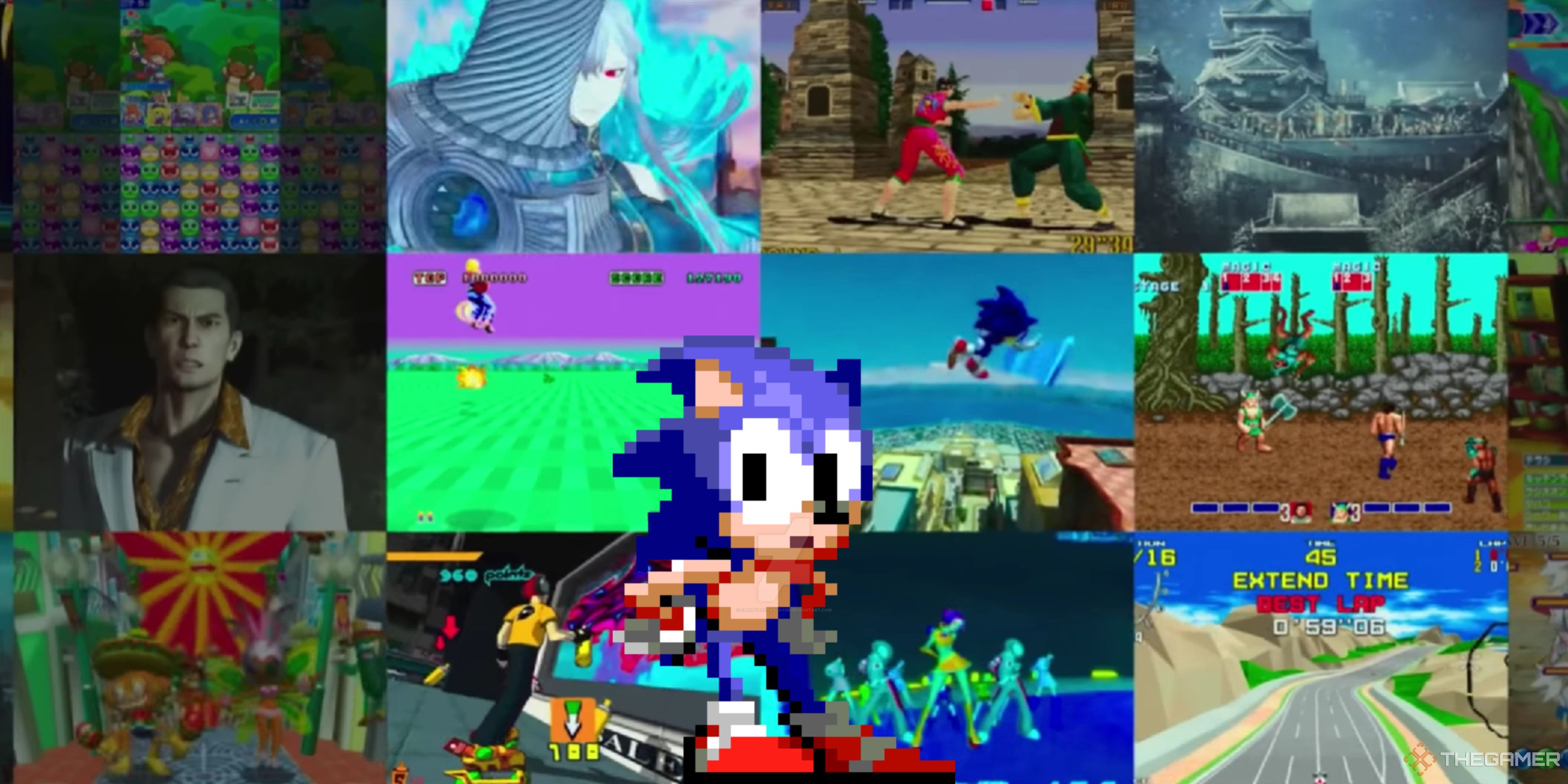 pixel sonic in front of a wall of videos from different sega games.