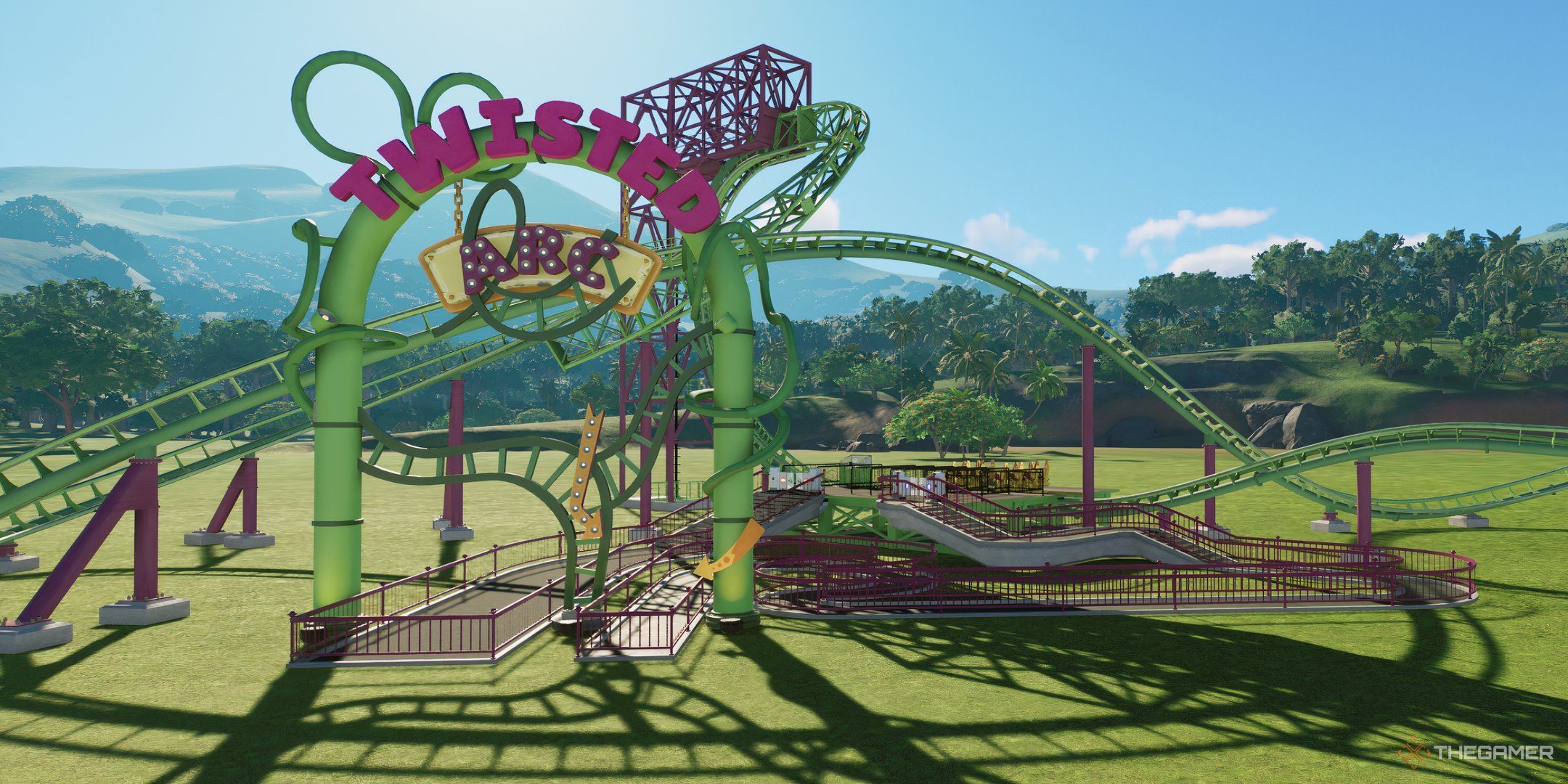 Planet Coaster 2 Pre Built Twisted Arc Coaster against a plain park background.