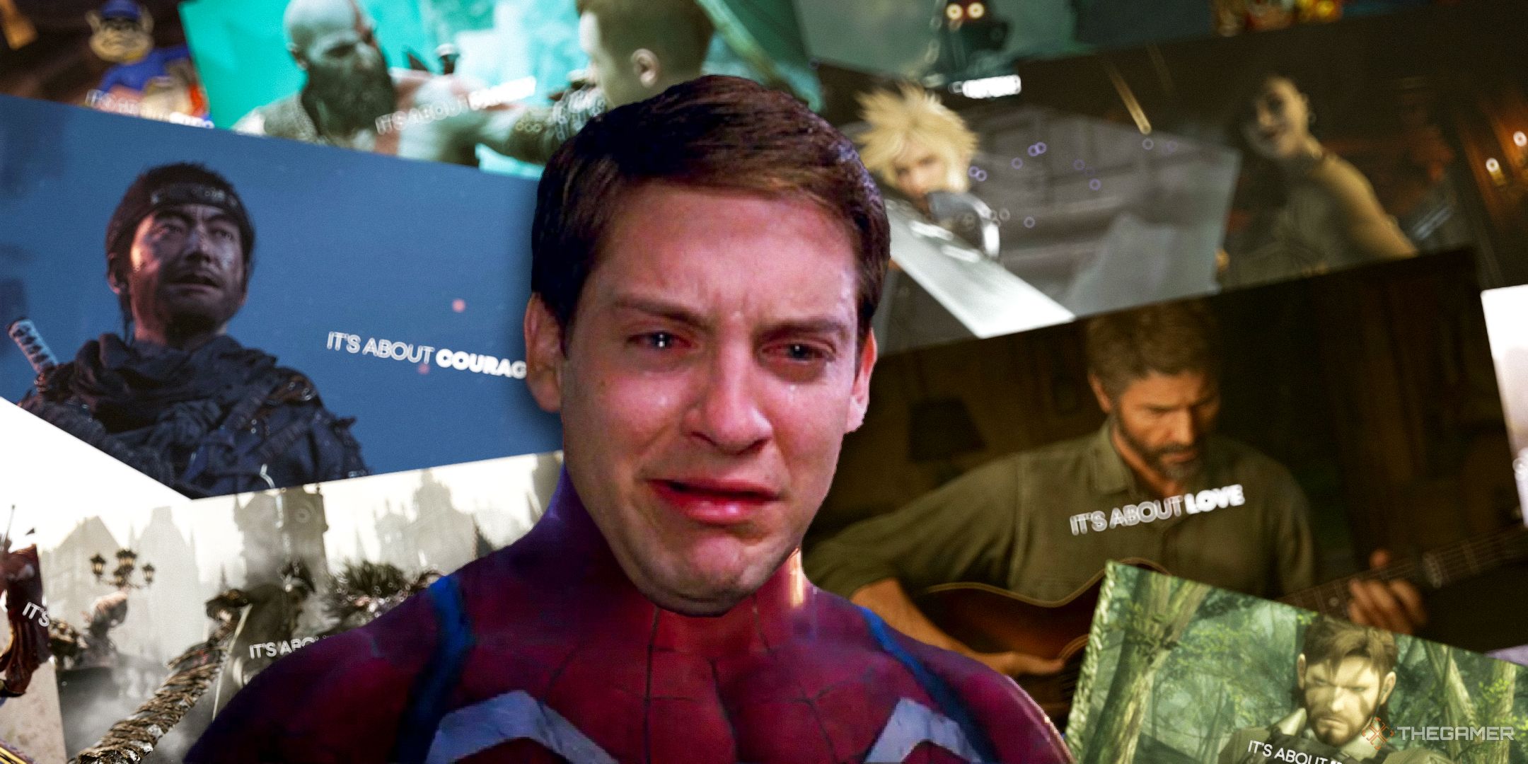 Tobey Maguire as Spider-Man crying with images from the PlayStation 30th Anniversary ad in the background.