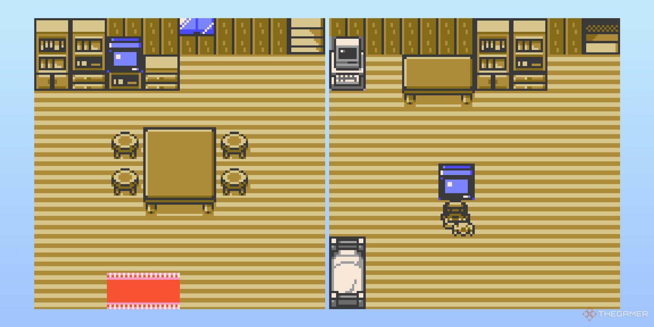 Pokemon Crystal interior, upstairs and downstairs, over a blue background.