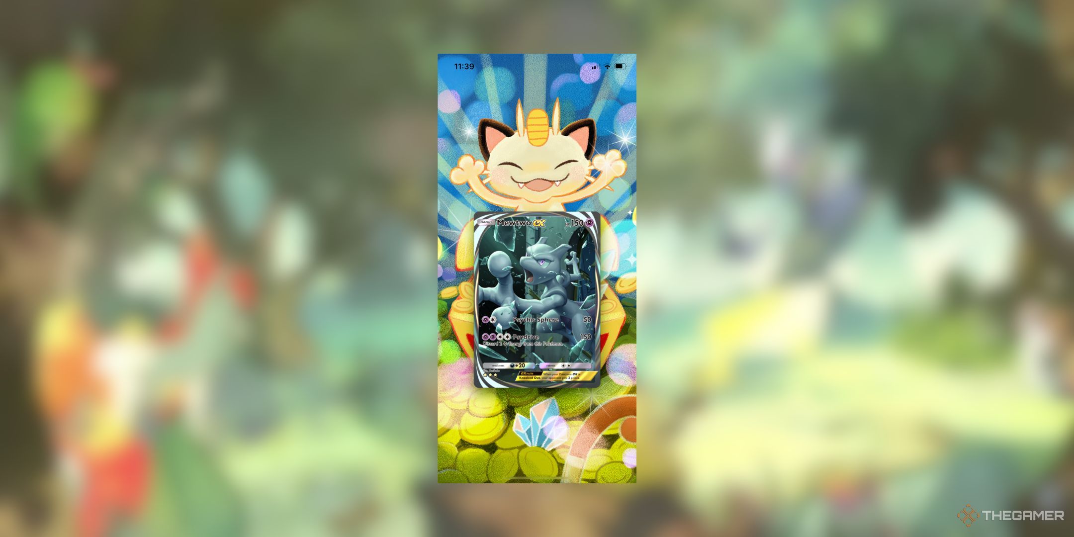 Pokemon Pocket Meowth Display Board with Metwo ex card.