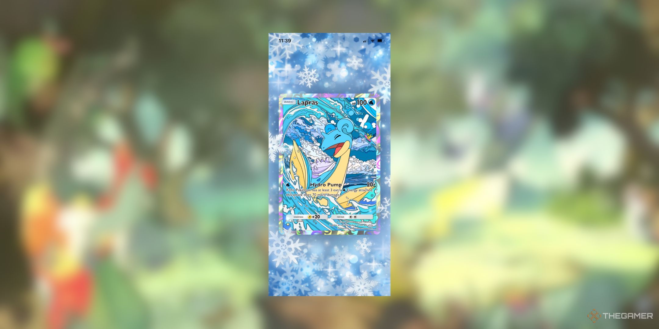 Pokemon Pocket Snow Crystals display board with Lapras card.