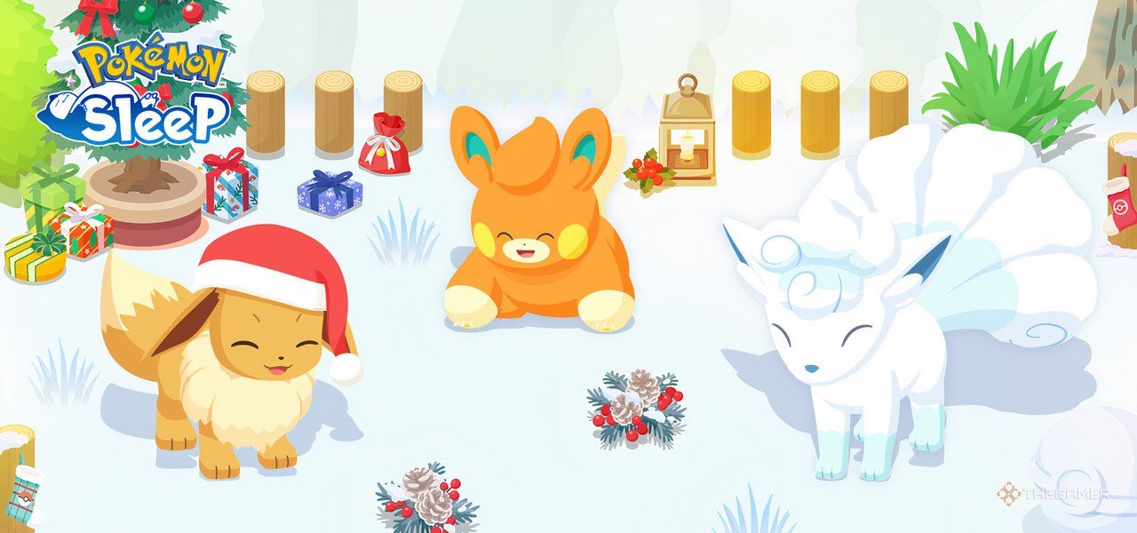 Pokemon Sleep Holiday 2024 banner featuring holiday Eevee, Pawmi, and Alolan Vulpix surrounded by snow and presents.-1