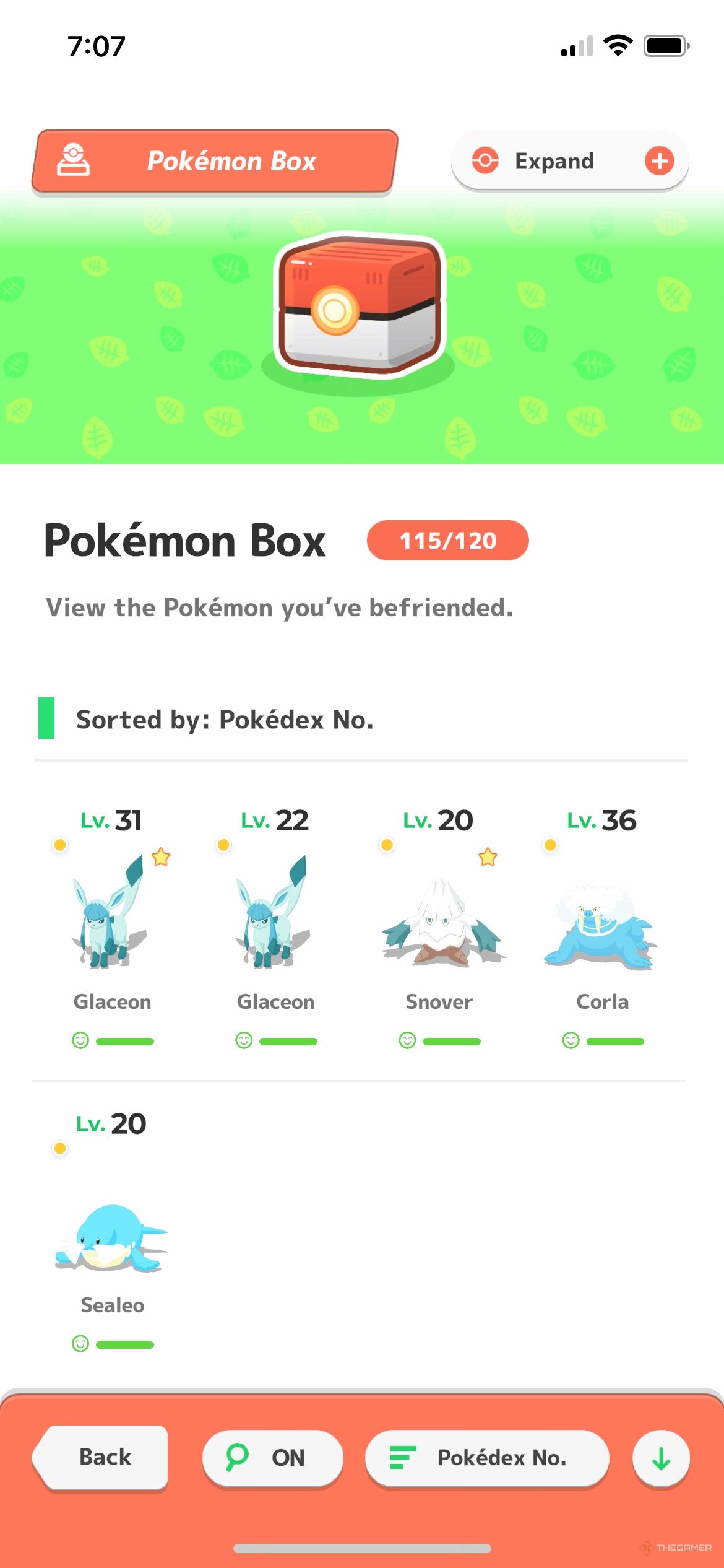 Pokemon Sleep Ice-Type Pokemon appearing in the Pokemon Box.