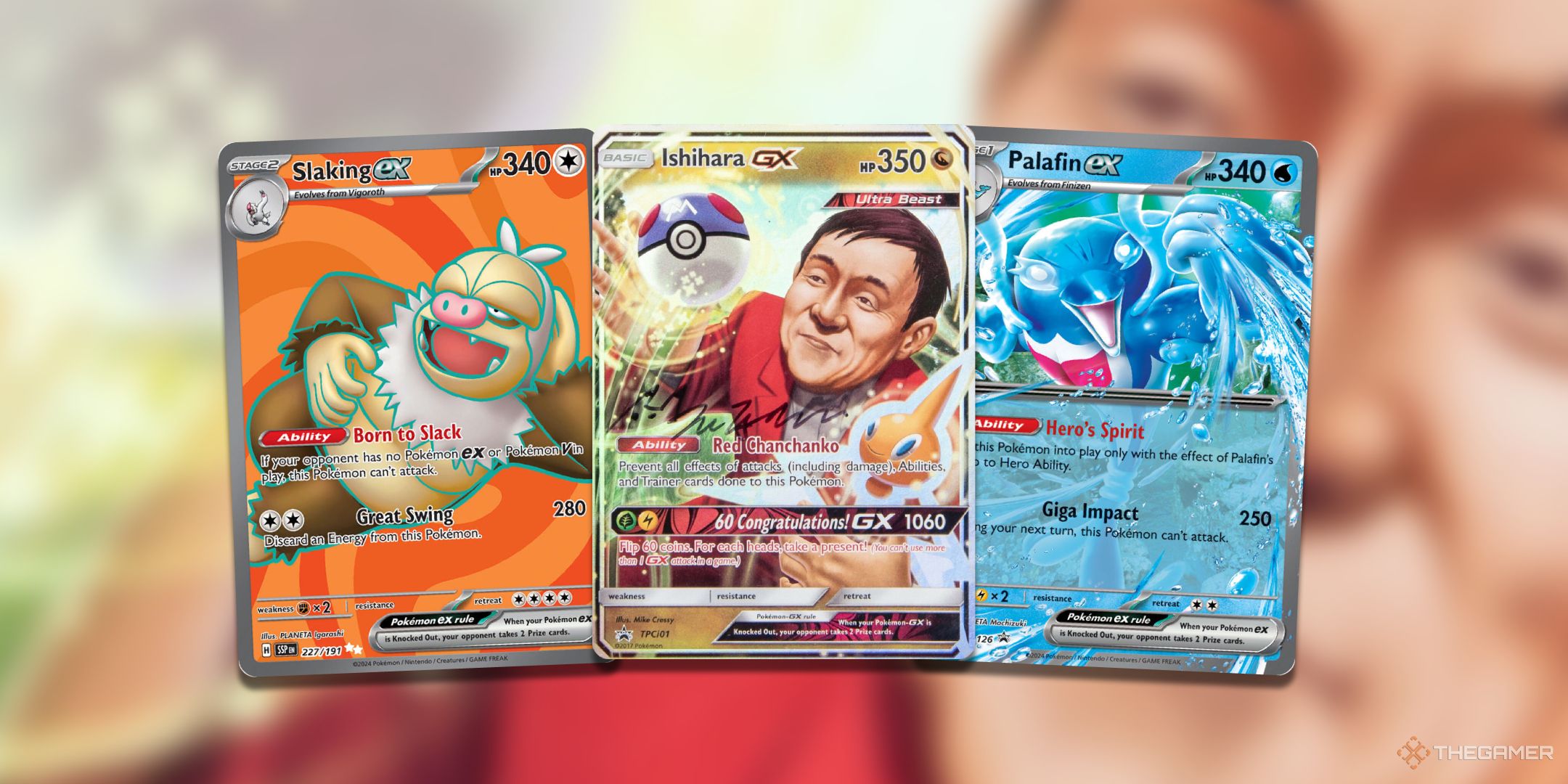 Pokemon TCG cards that have high HP such as Palafin ex, Slaking ex, and Ishihara GX art.