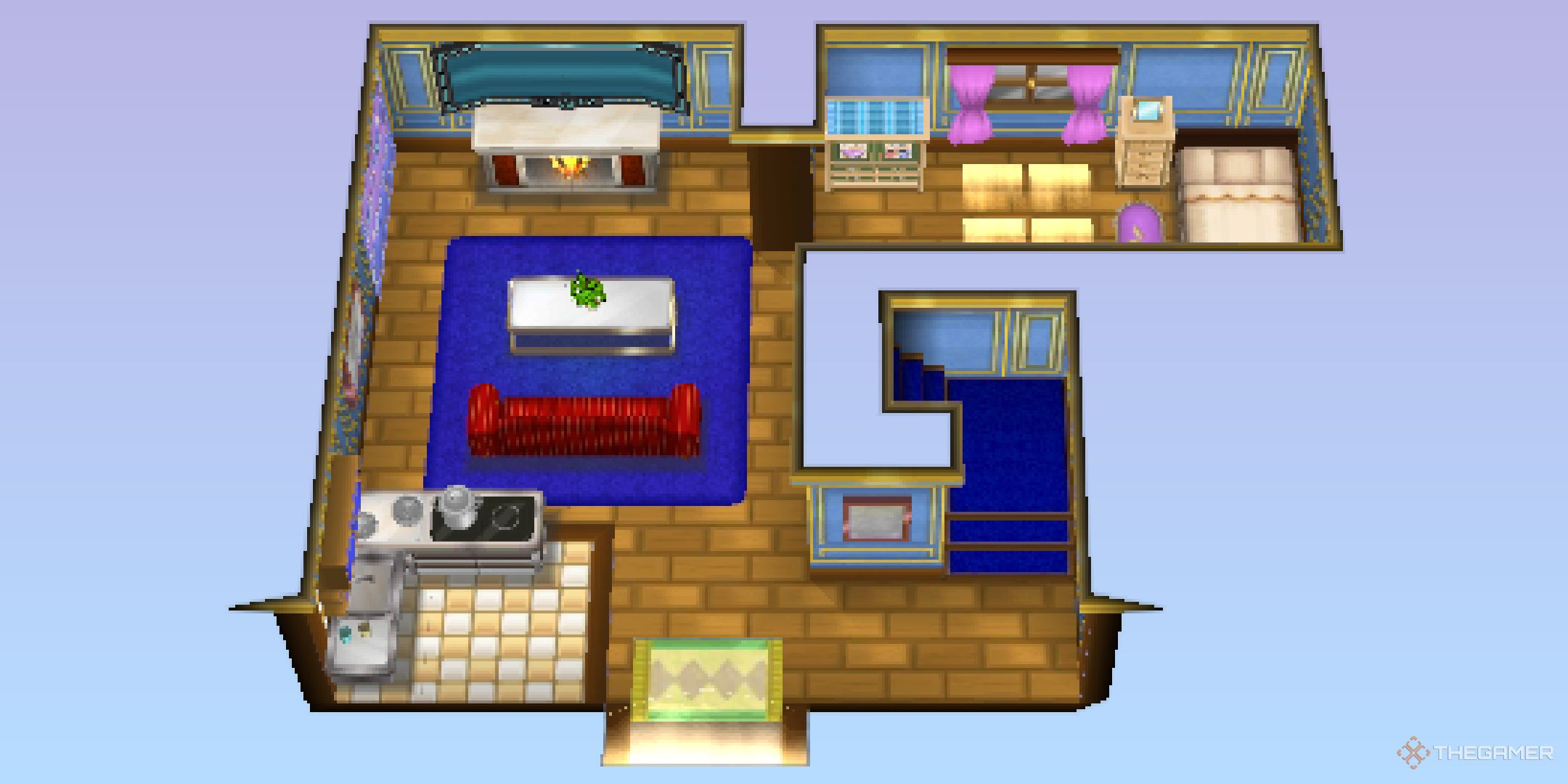 Pokemon X and Y player home birds eye view over a blue background.