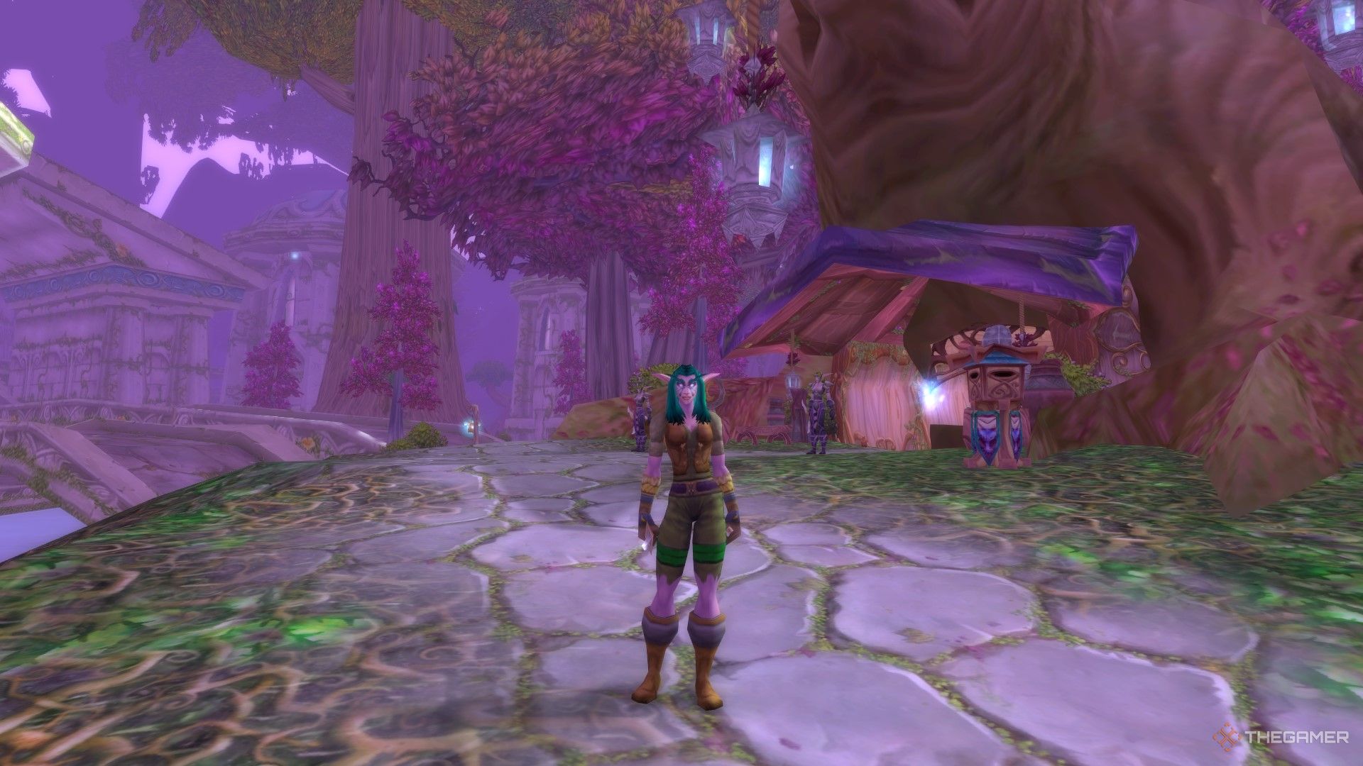 A night elf priest standing by the bank of Darnassus.