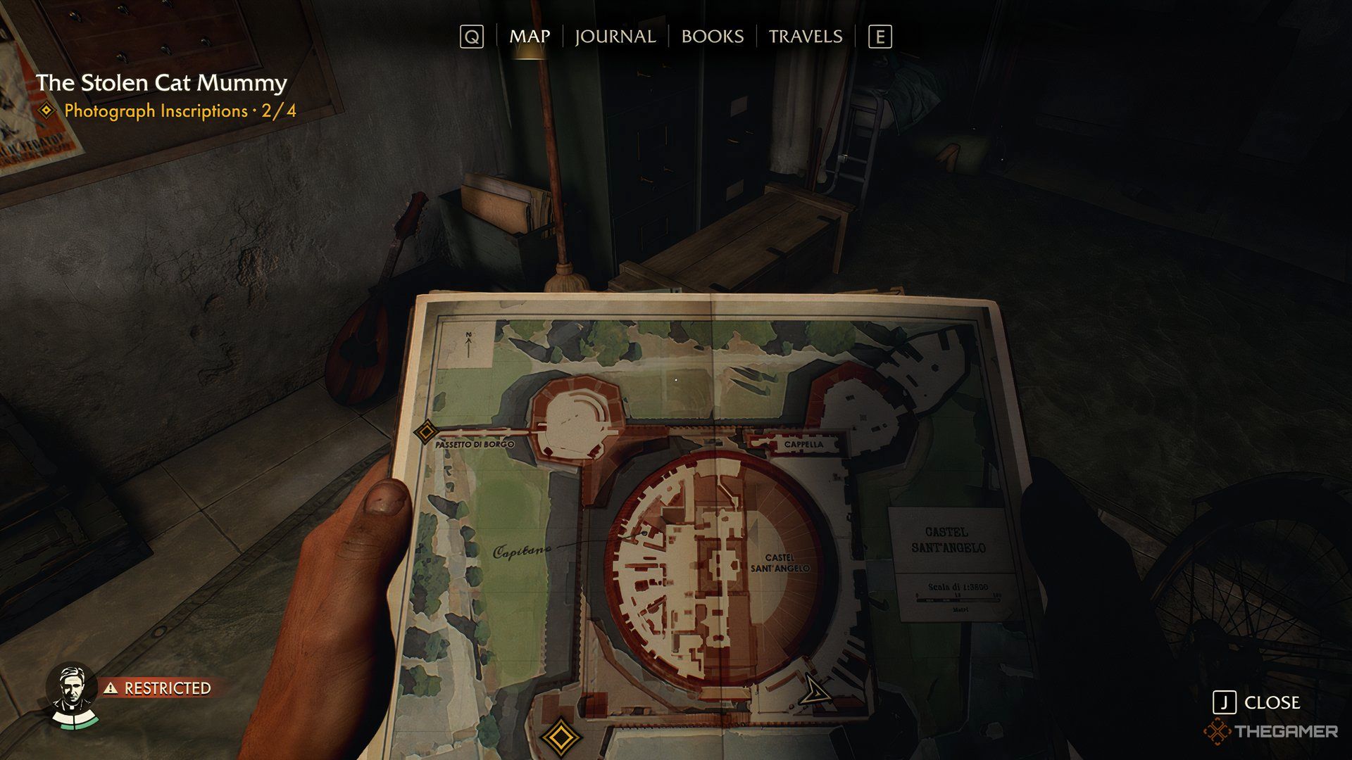 Indy holding a map of Castel Sant'Angelo in Indiana Jones And The Great Circle.