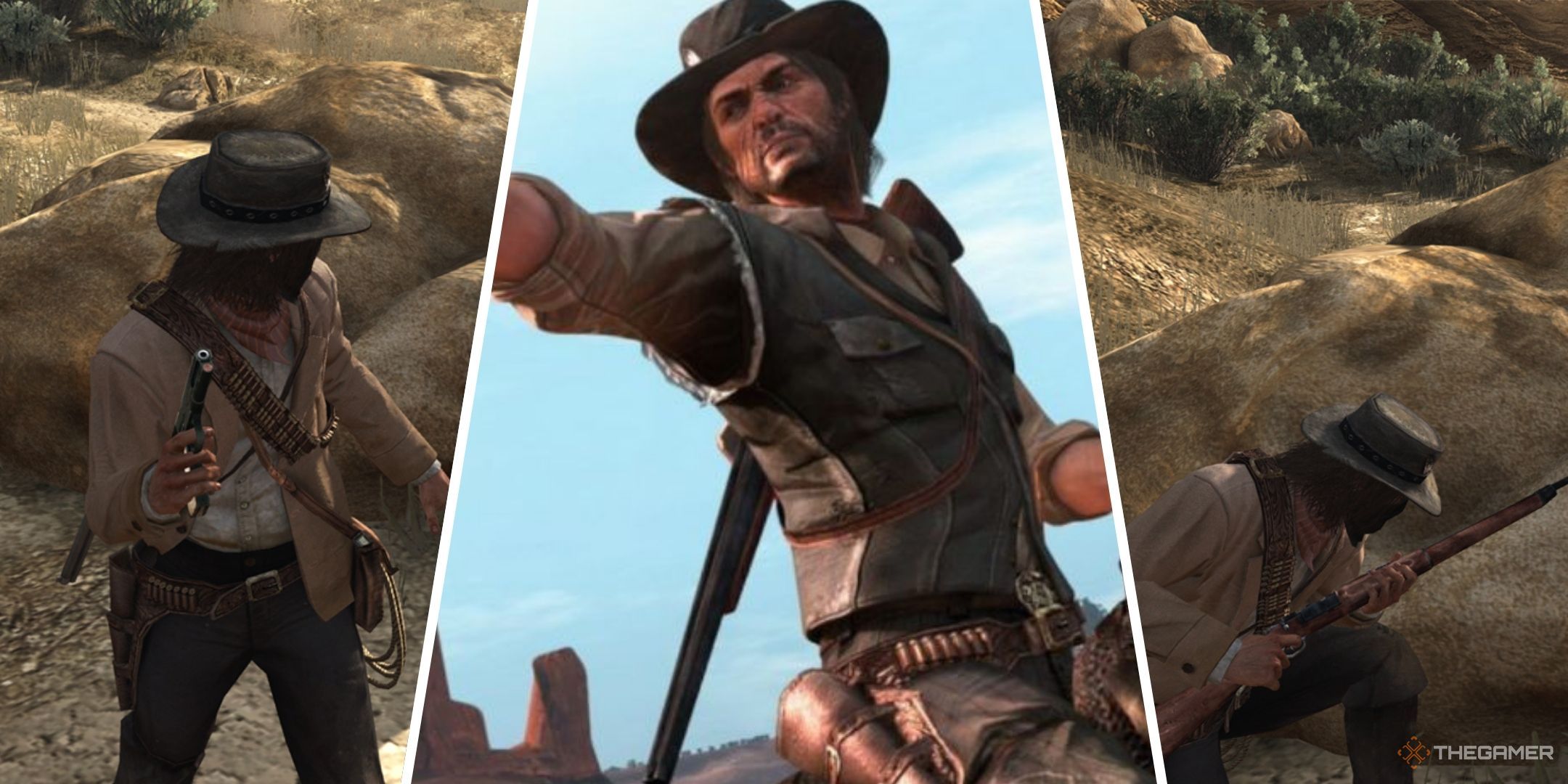 Red Dead Redemption featured split image containing screenshots of John And Jack Marston holding weapons.