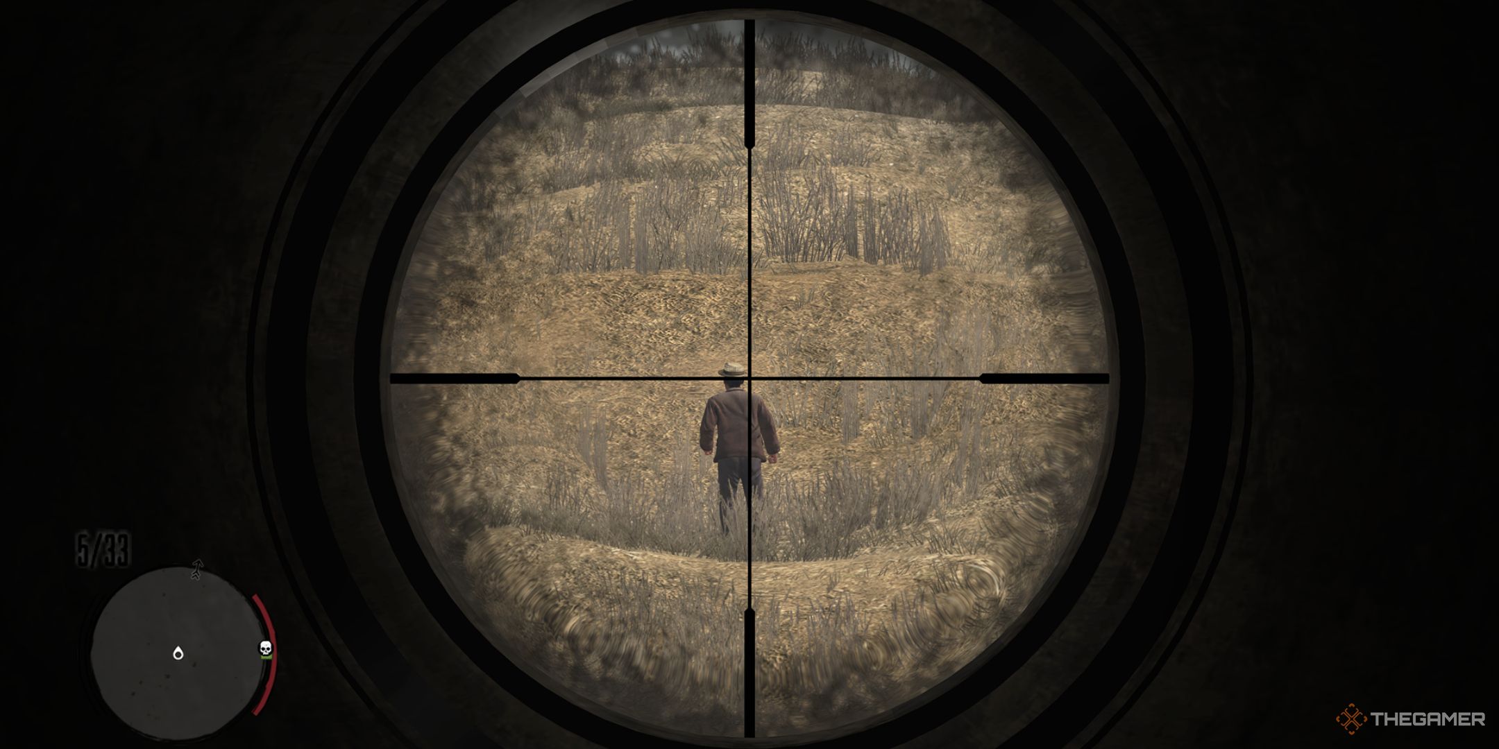 Red Dead Redemption screenshot of a sniper scope aiming at someone.