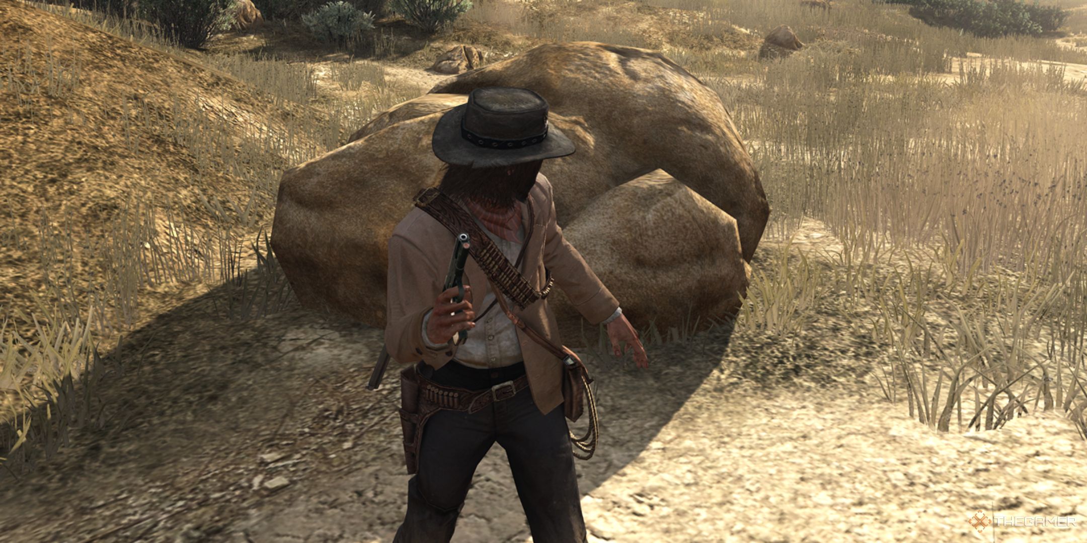 Red Dead Redemption screenshot of the protagonist holding a high-powered pistol.