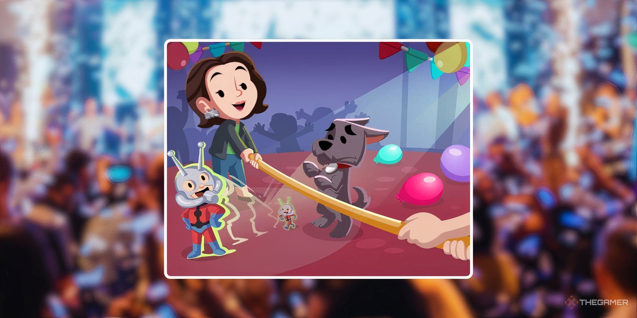 Scottie playing Limbo with Ant Man in front of a background of a party for the Hero Limbo tournament in Monopoly Go.