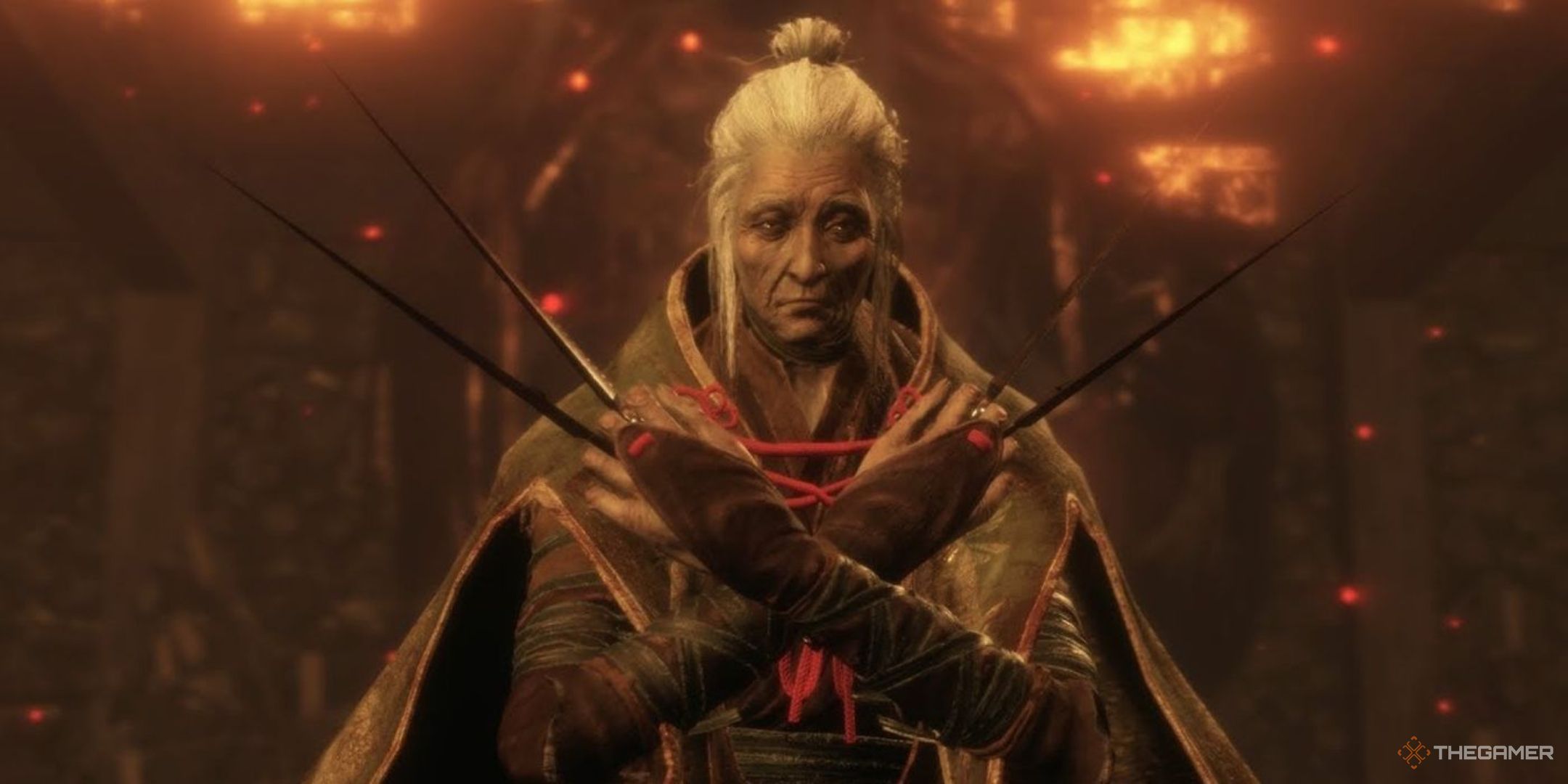 Lady Butterfly with her weapons crossed in front of her in Sekiro: Shadows Die Twice.