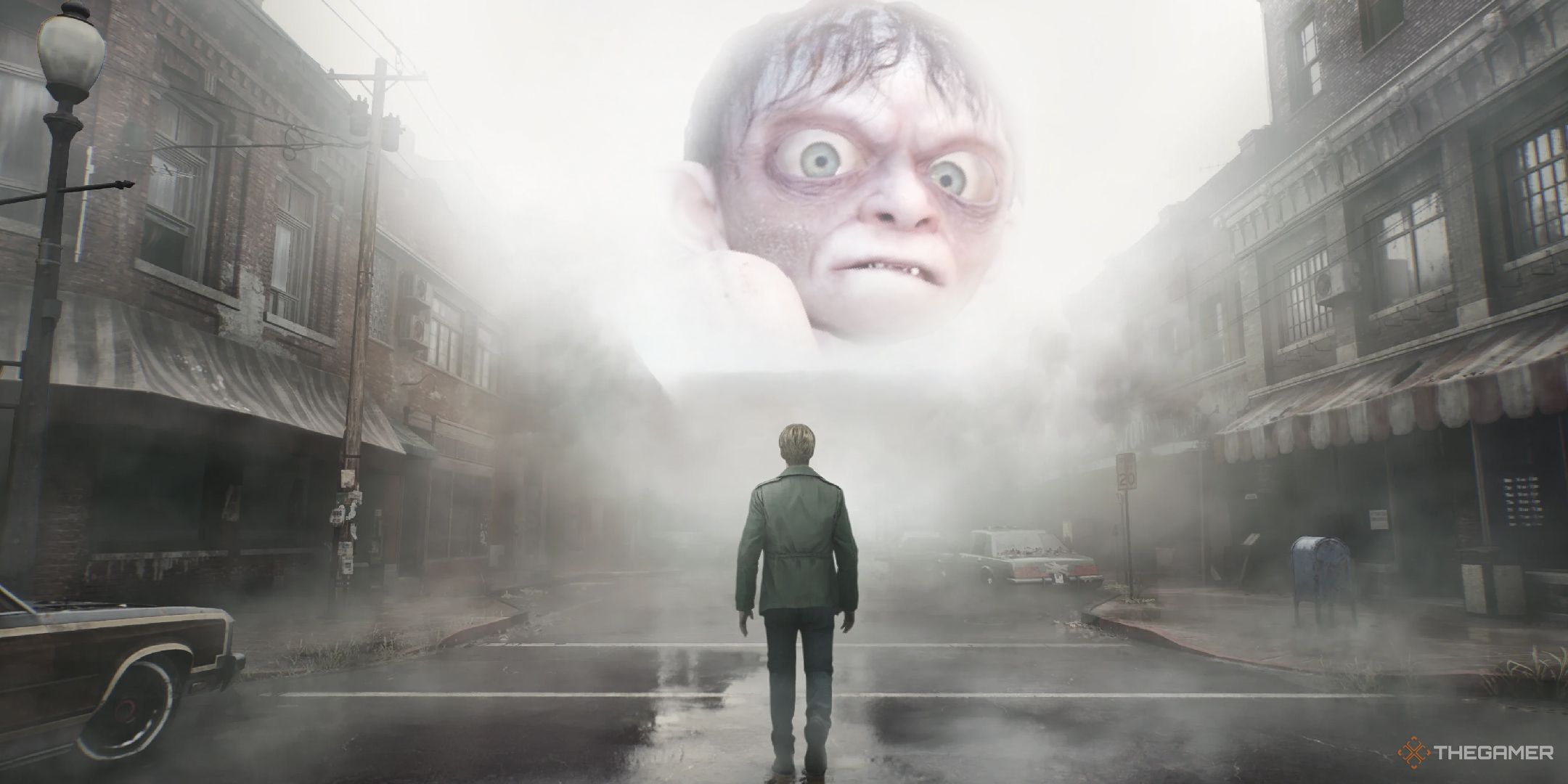 Silent Hill 2 Remake key art but James is looking up at Gollum in the sky rather than Mary.