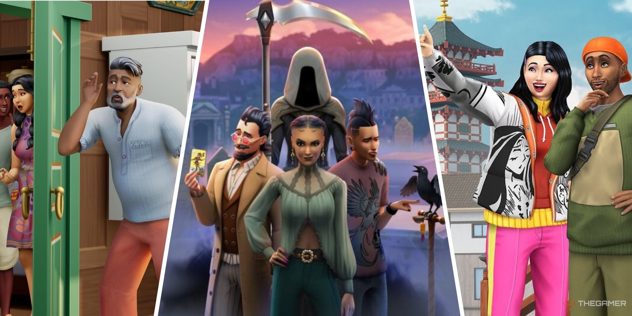 Sims 4 for rent life and death and snowy escape covers in a line.