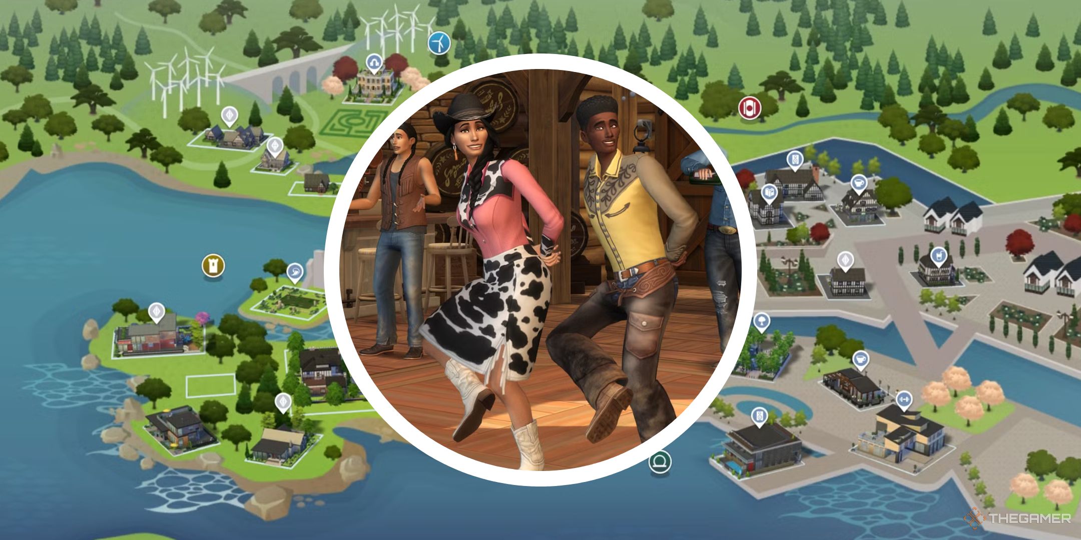 Sims doing a barn dance with an image of a world layout in the background.