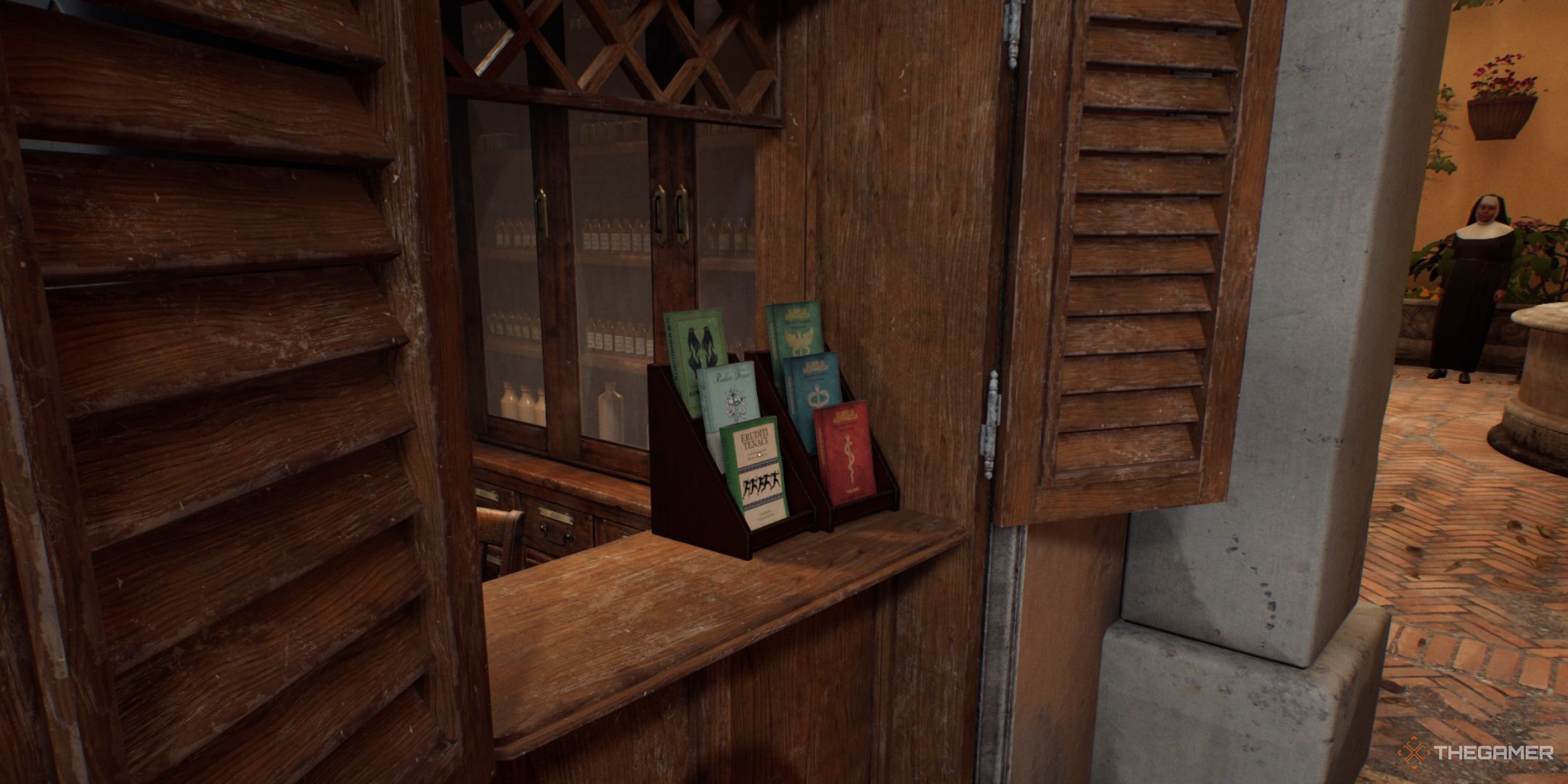 A book rack holding six Adventure Books in the Vatican City in Indiana Jones And The Great Circle.