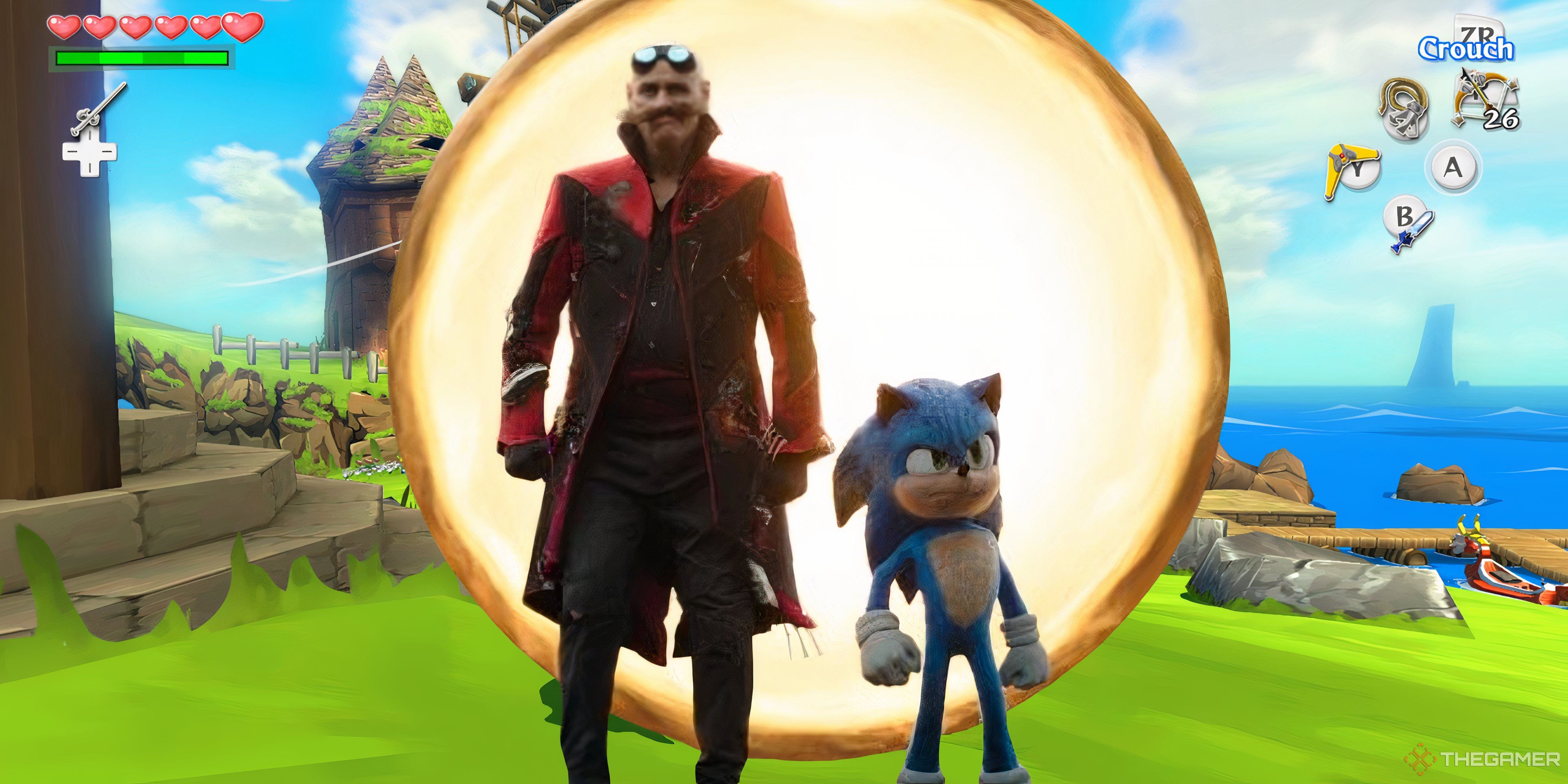 sonic and dr robotnik stepping out of a ring portal into the wind waker.