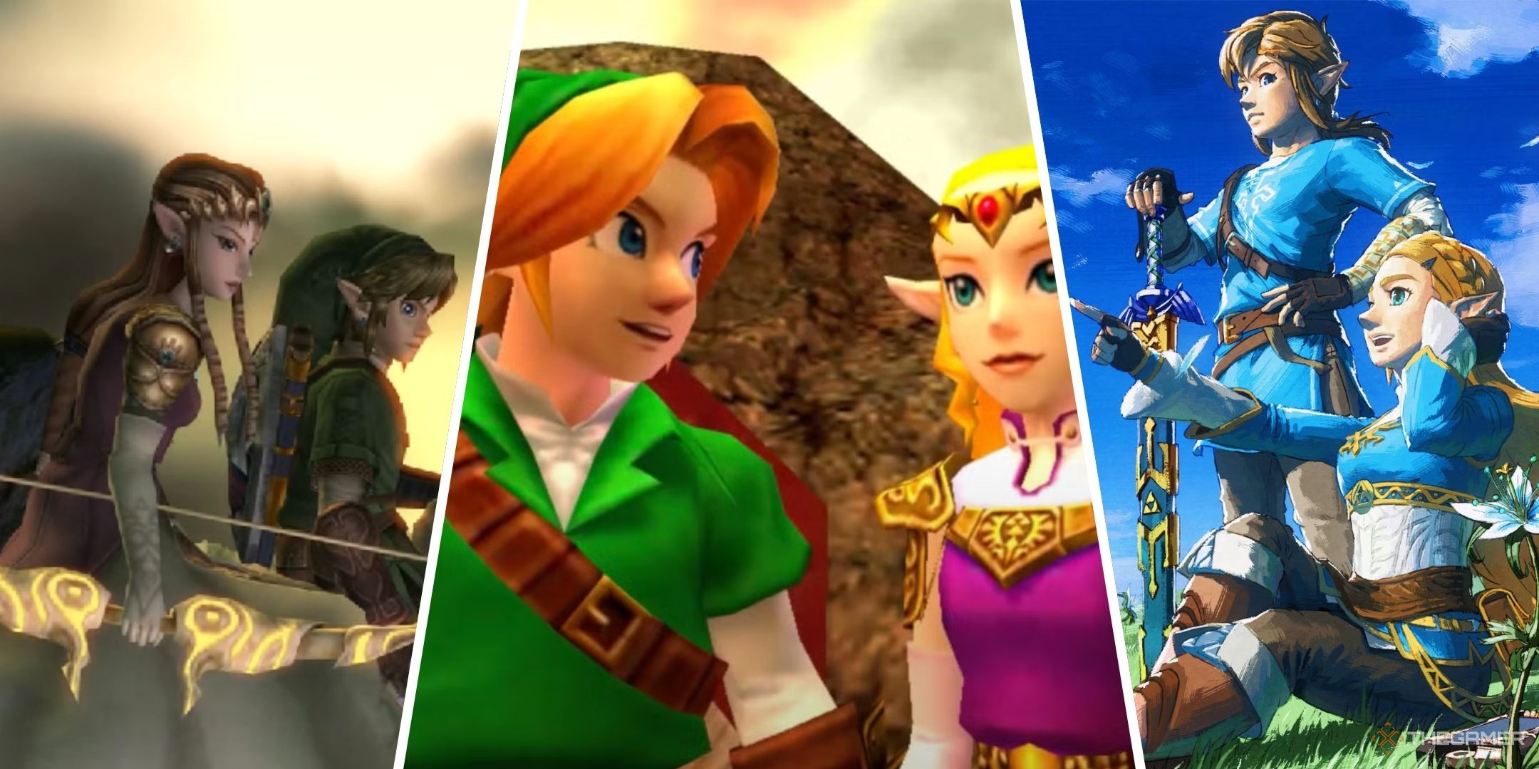 Split image of Link and Zelda in Twilight Princess, Ocarina of Time, and Breath of the WIld.