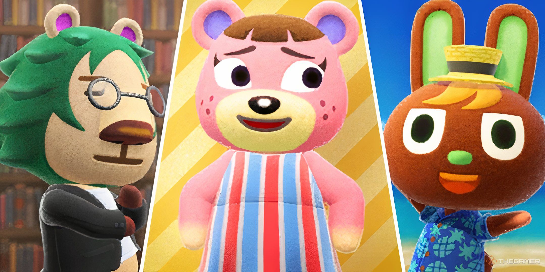 Split images of Leopold, Ursala, and O'Hare in Animal Crossing New Horizons.