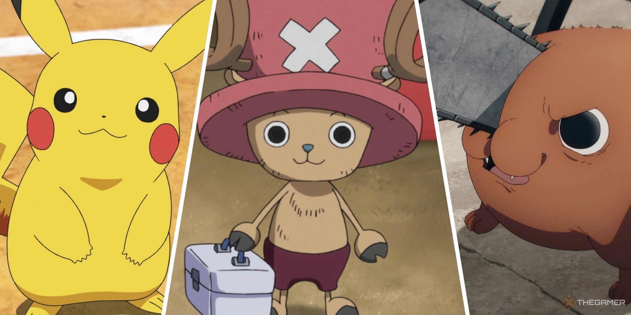 Split images of Pikachu, Tony Tony Chopper, and Pochita.