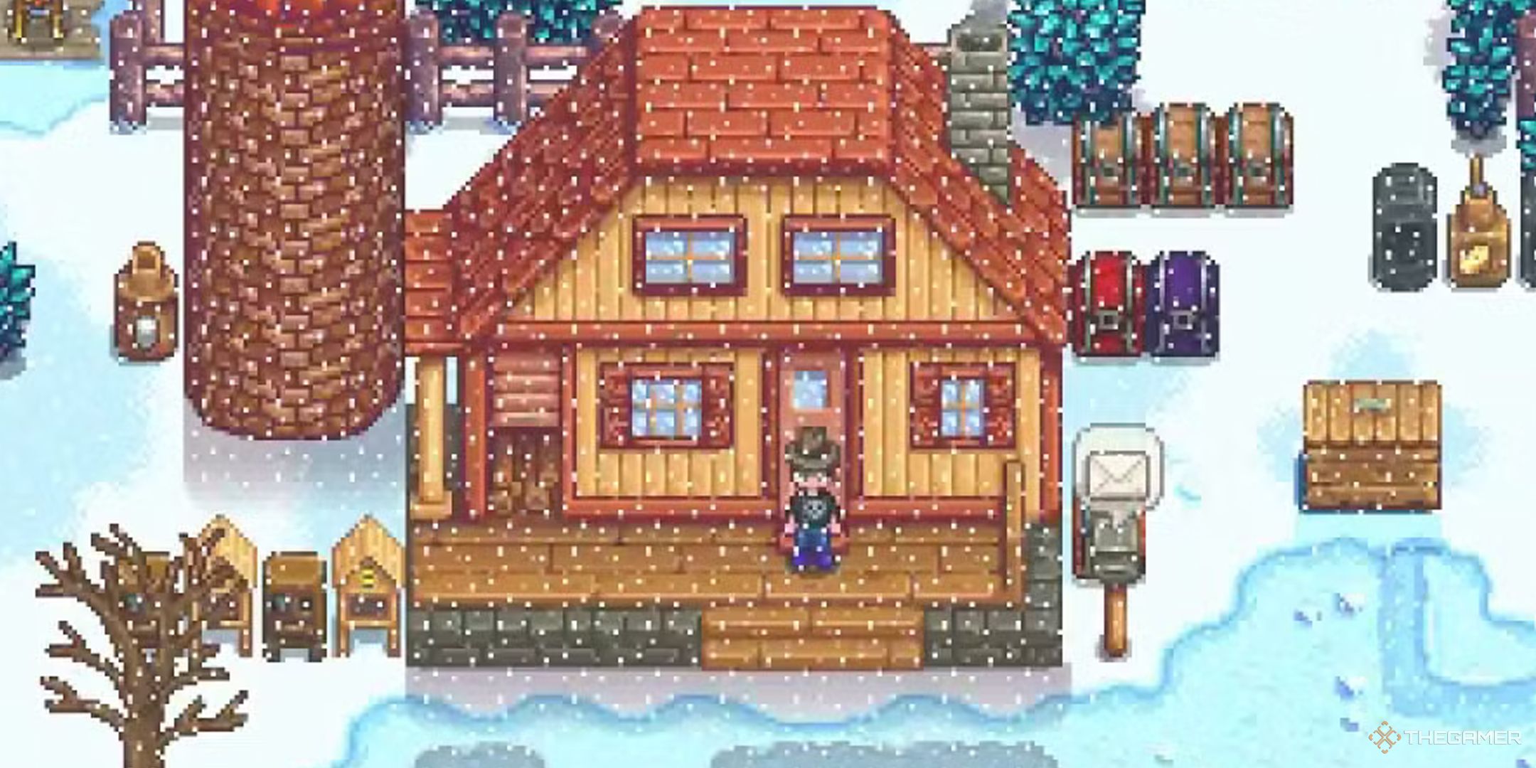 Stardew Valley house covered in snow during Winter.