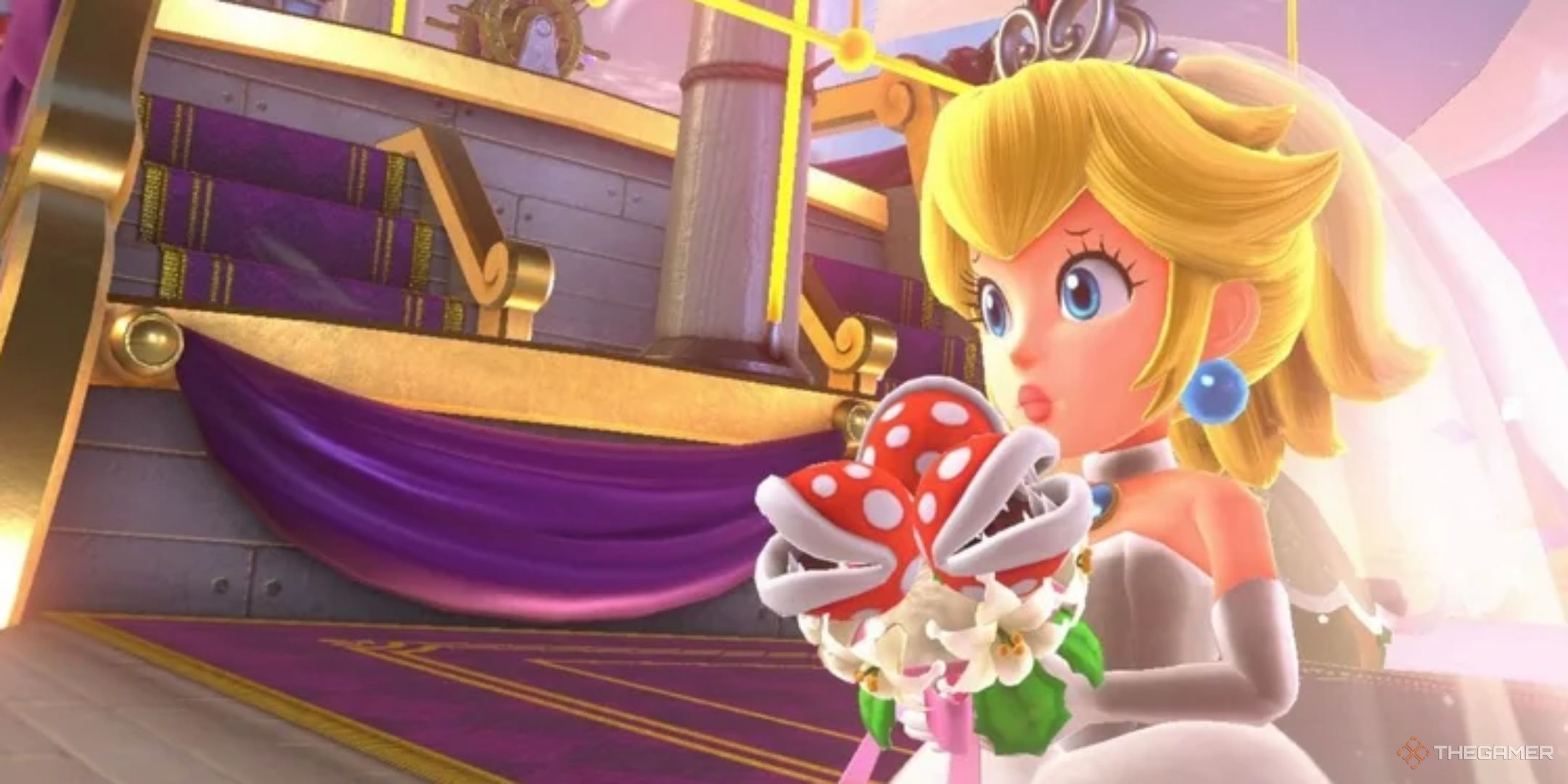 Princess Peach with a bouquet of piranha plants in her Super Mario Odyssey wedding dress.