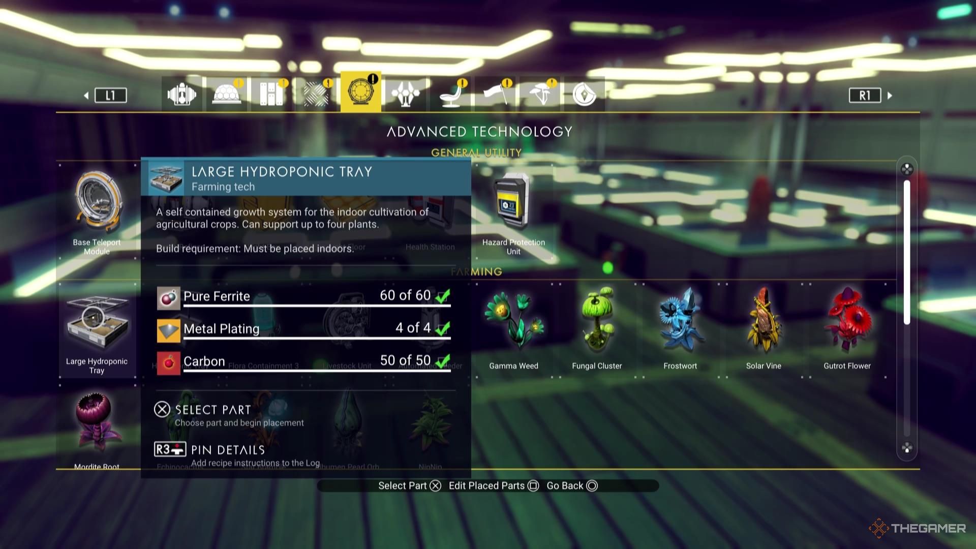 The blueprint for a Large Hydroponic Tray in No Man's Sky.