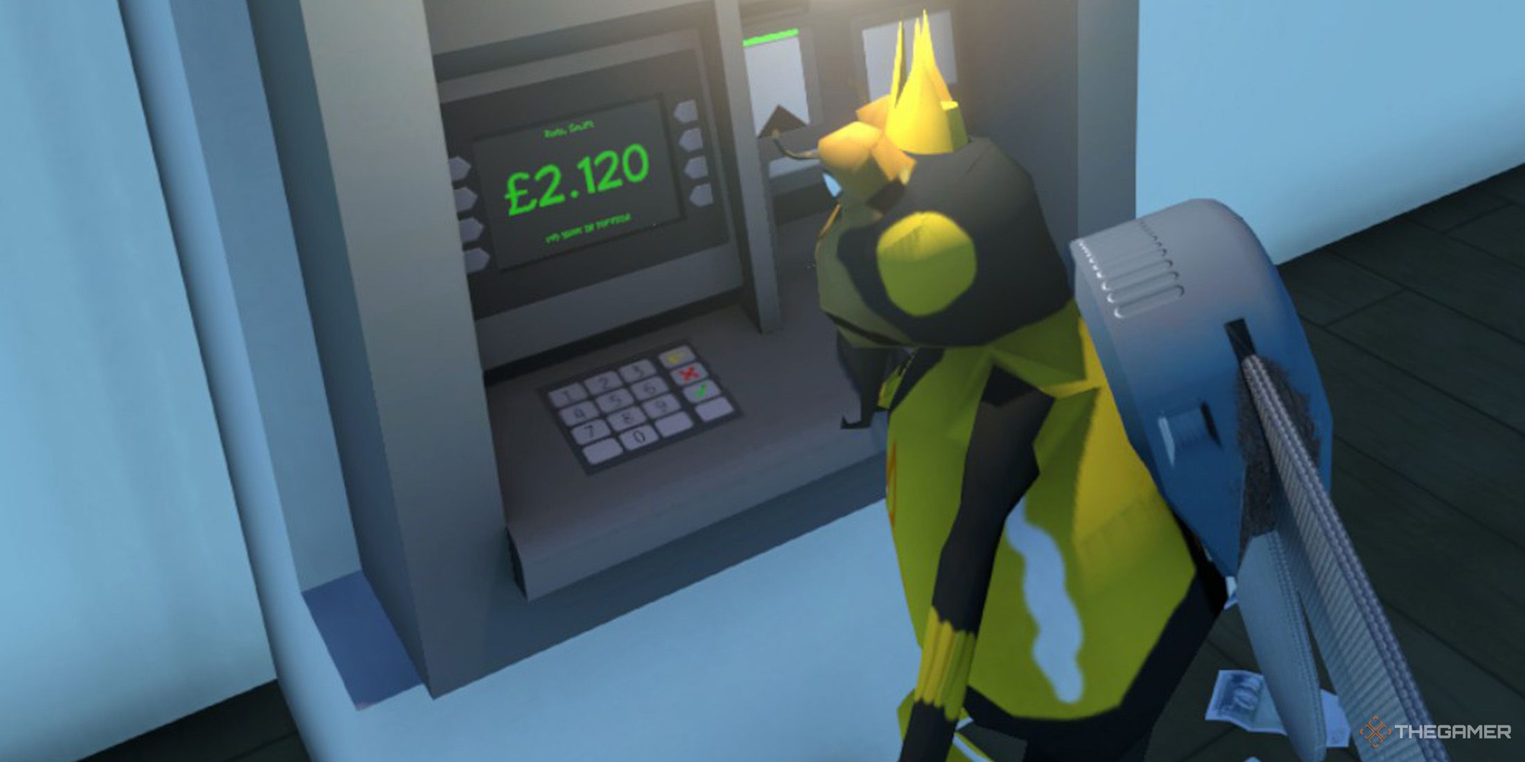 The player is depositing money inside the bank in Amazing Frog