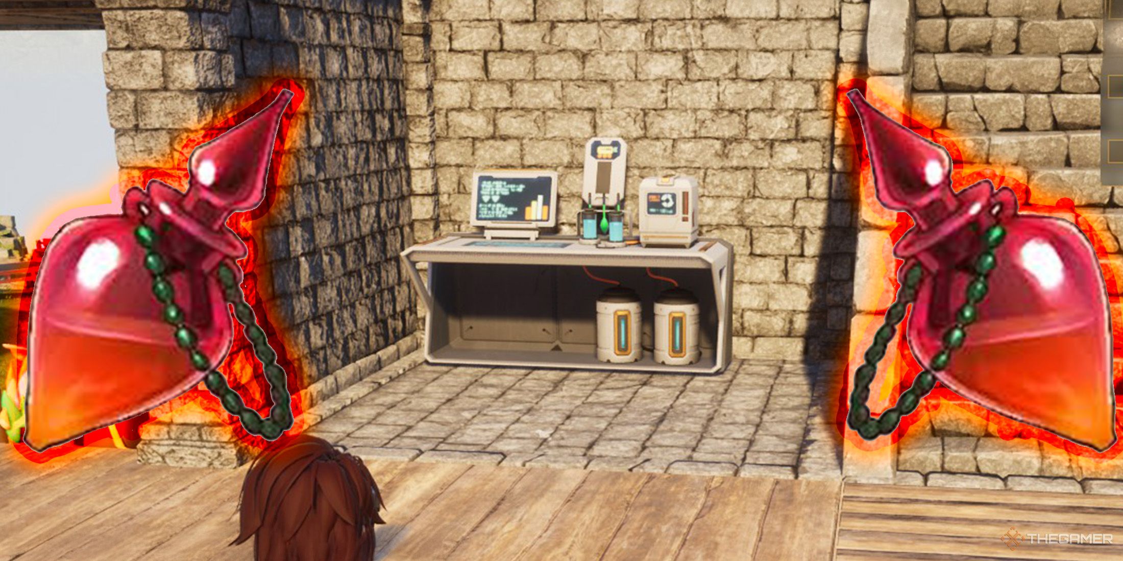 The player is looking at the Advanced Medicine Workbench and there are two Revival Potions on the right and left sides in Palworld