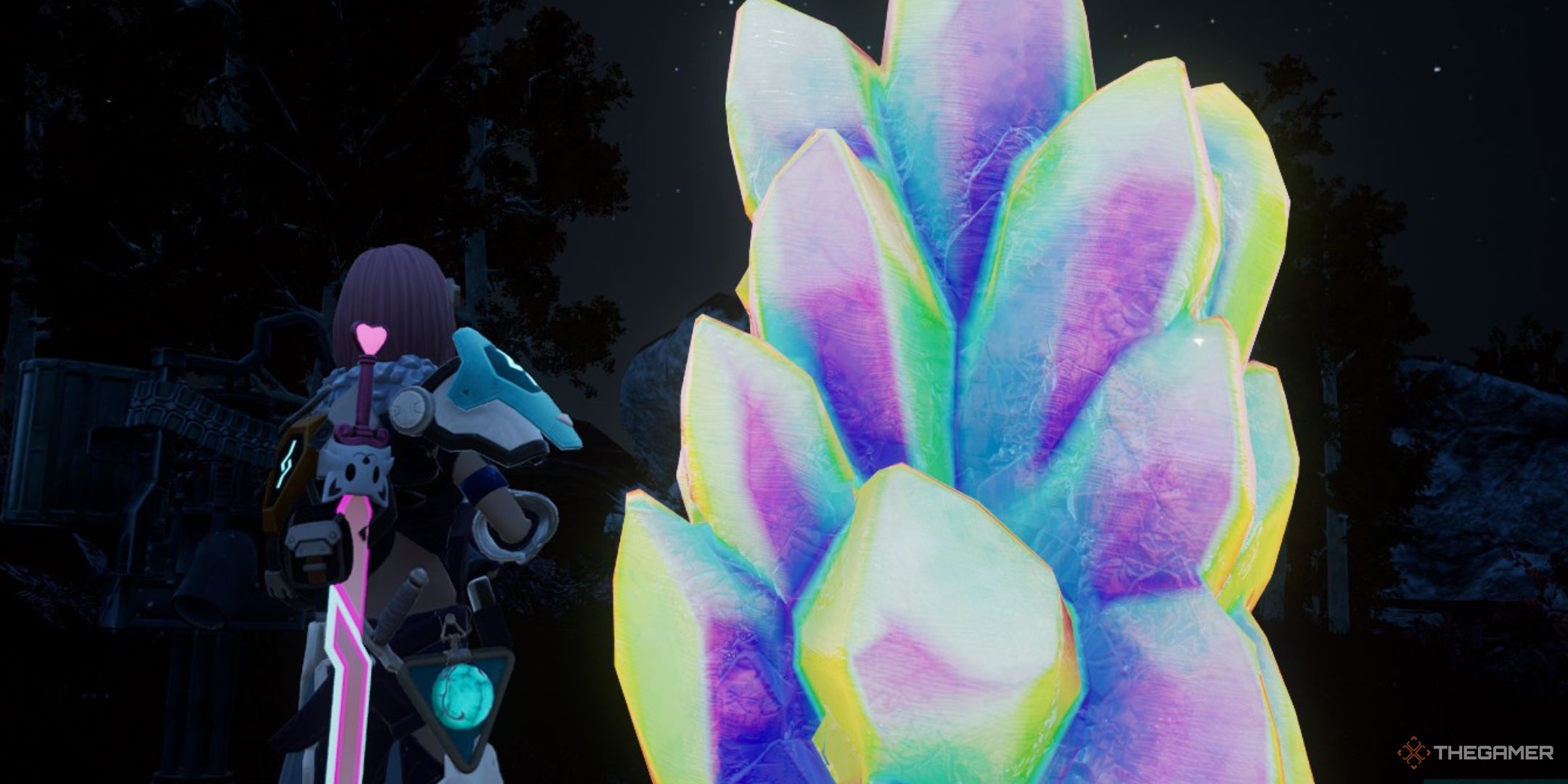 The player is standing in front of Hexolite Quartz node in Palworld.