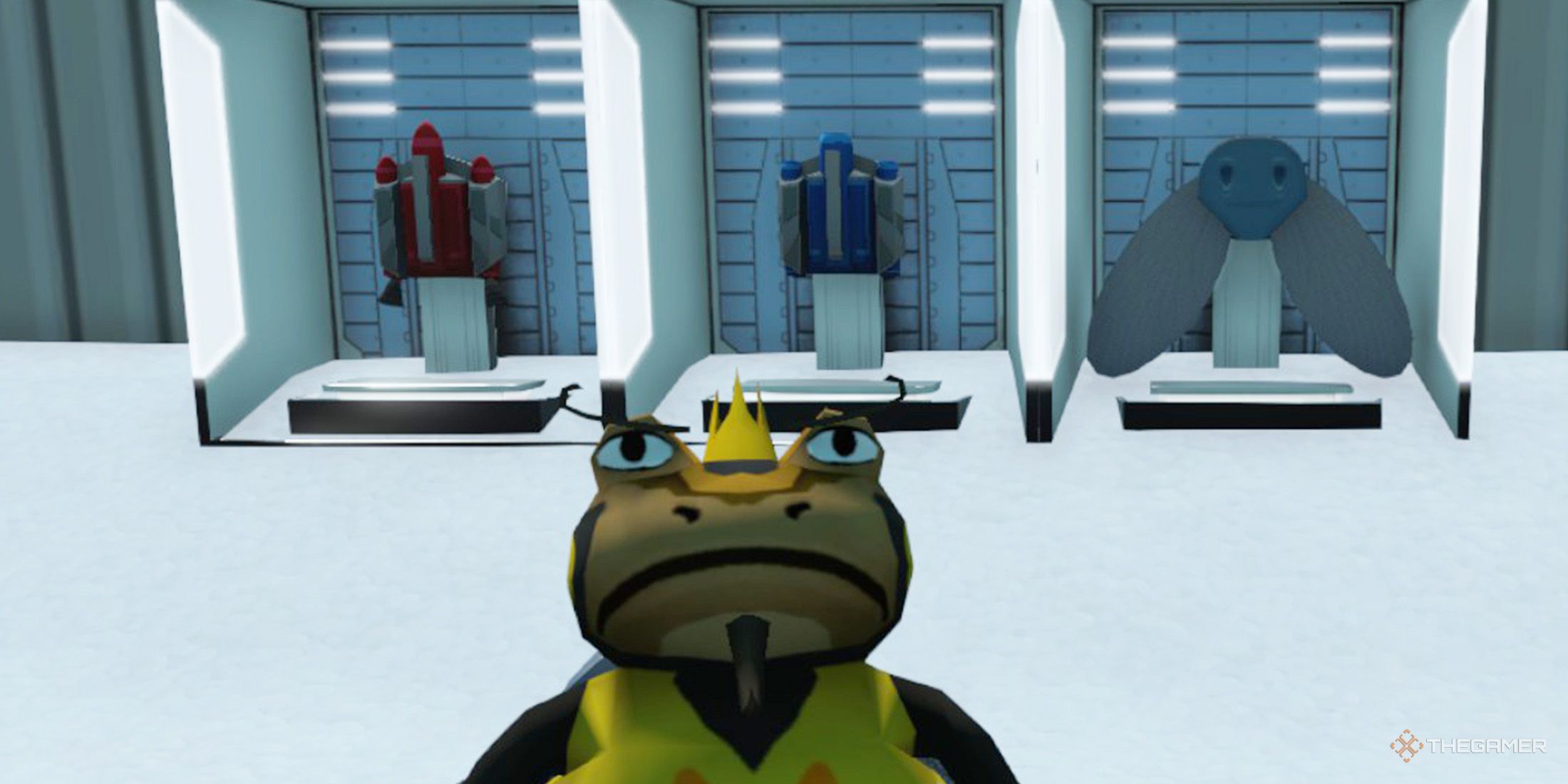 The player is standing in front of the three different jetpacks in Amazing Frog