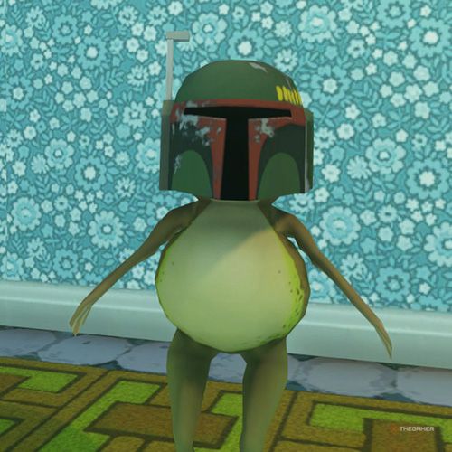 The player is wearing the Boba Fett costume in Amazing Frog