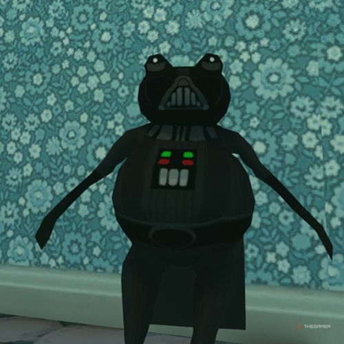 The player is wearing the Darth Frog costume in Amazing Frog