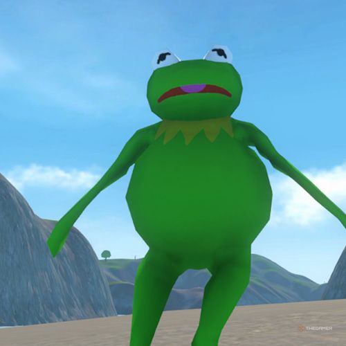 The player is wearing the Kermit costume in Amazing Frog