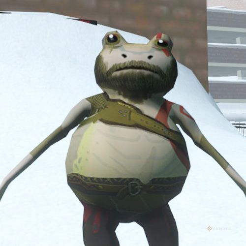 The player is wearing the Kratos costume in Amazing Frog