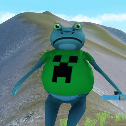 The player is wearing the Minecraft Player costume in Amazing Frog