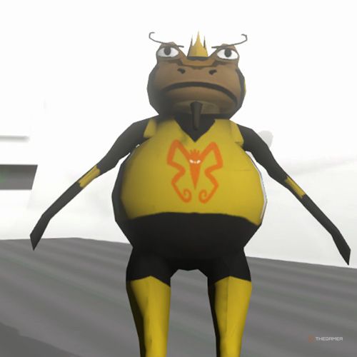 The player is wearing the Monarch Frog costume in Amazing Frog